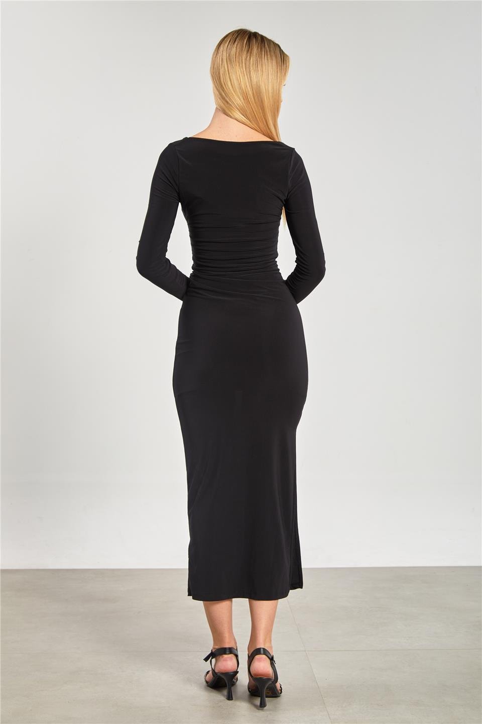 Kare yaka groplu uzun elbise-13920 Siyah