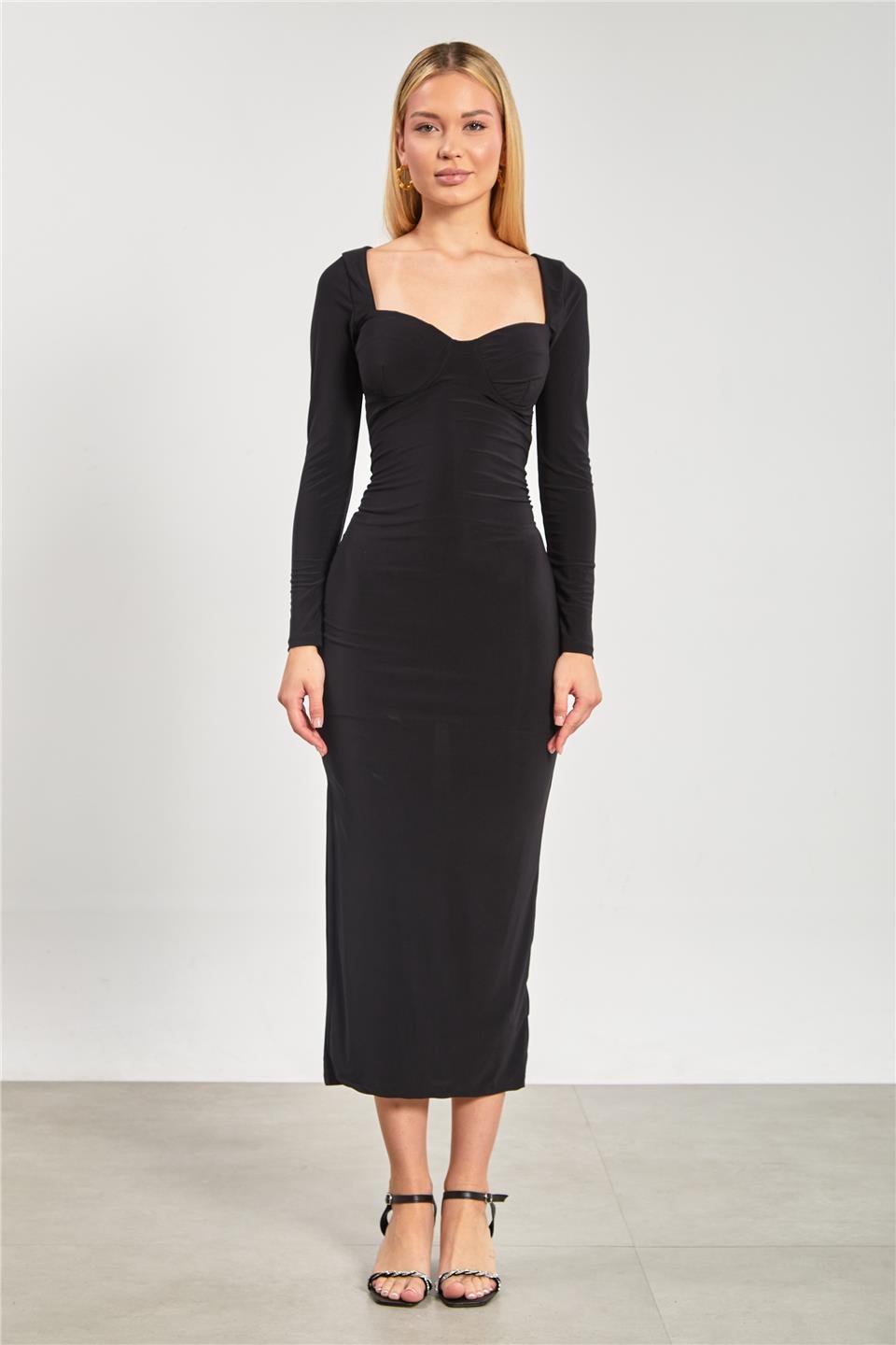 Kare yaka groplu uzun elbise-13920 Siyah