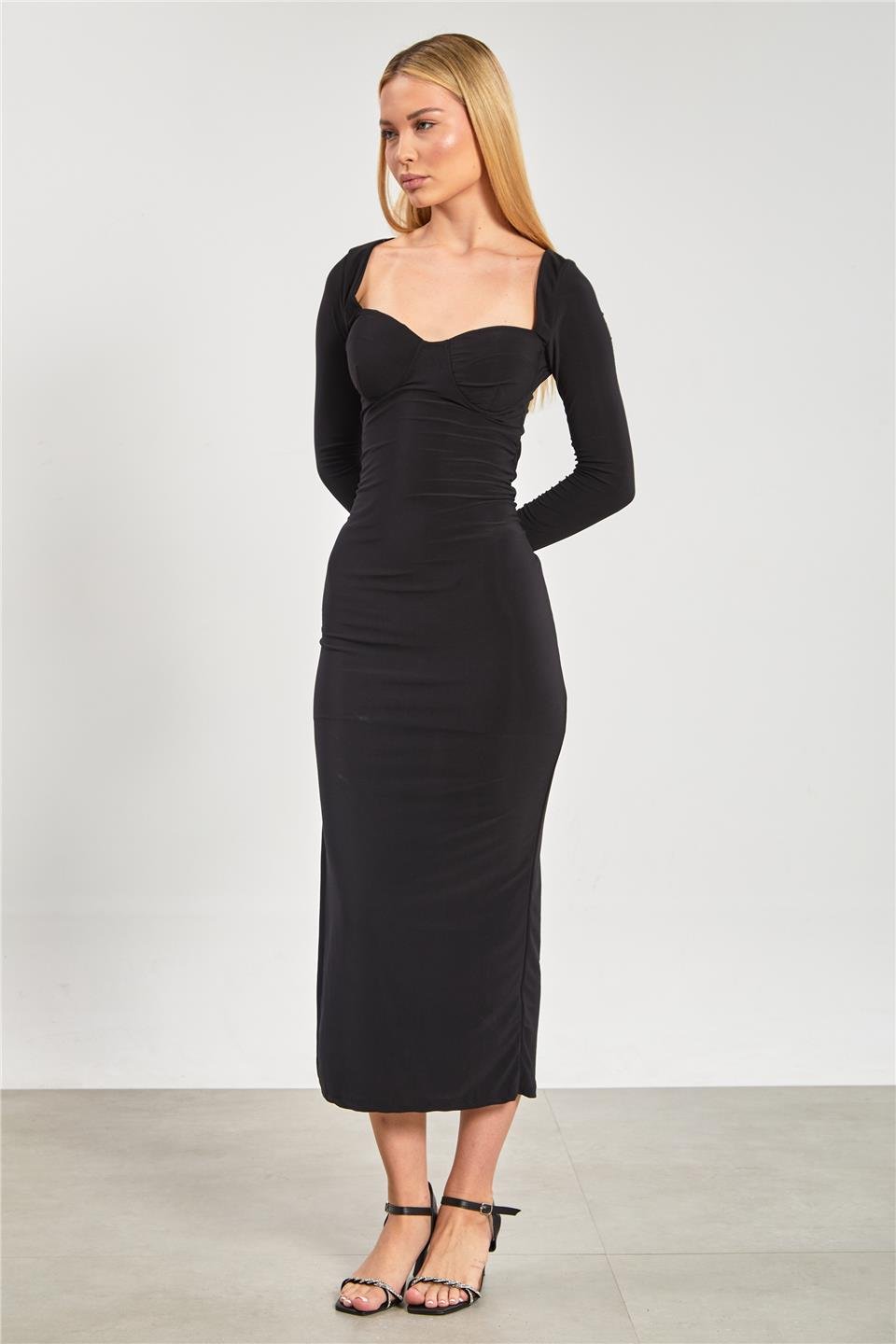 Kare yaka groplu uzun elbise-13920 Siyah