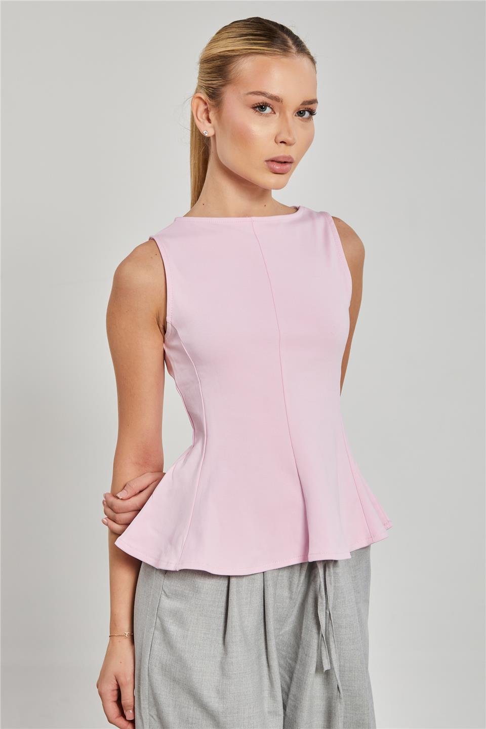 Kayık yaka kolsuz body-10798 Pembe