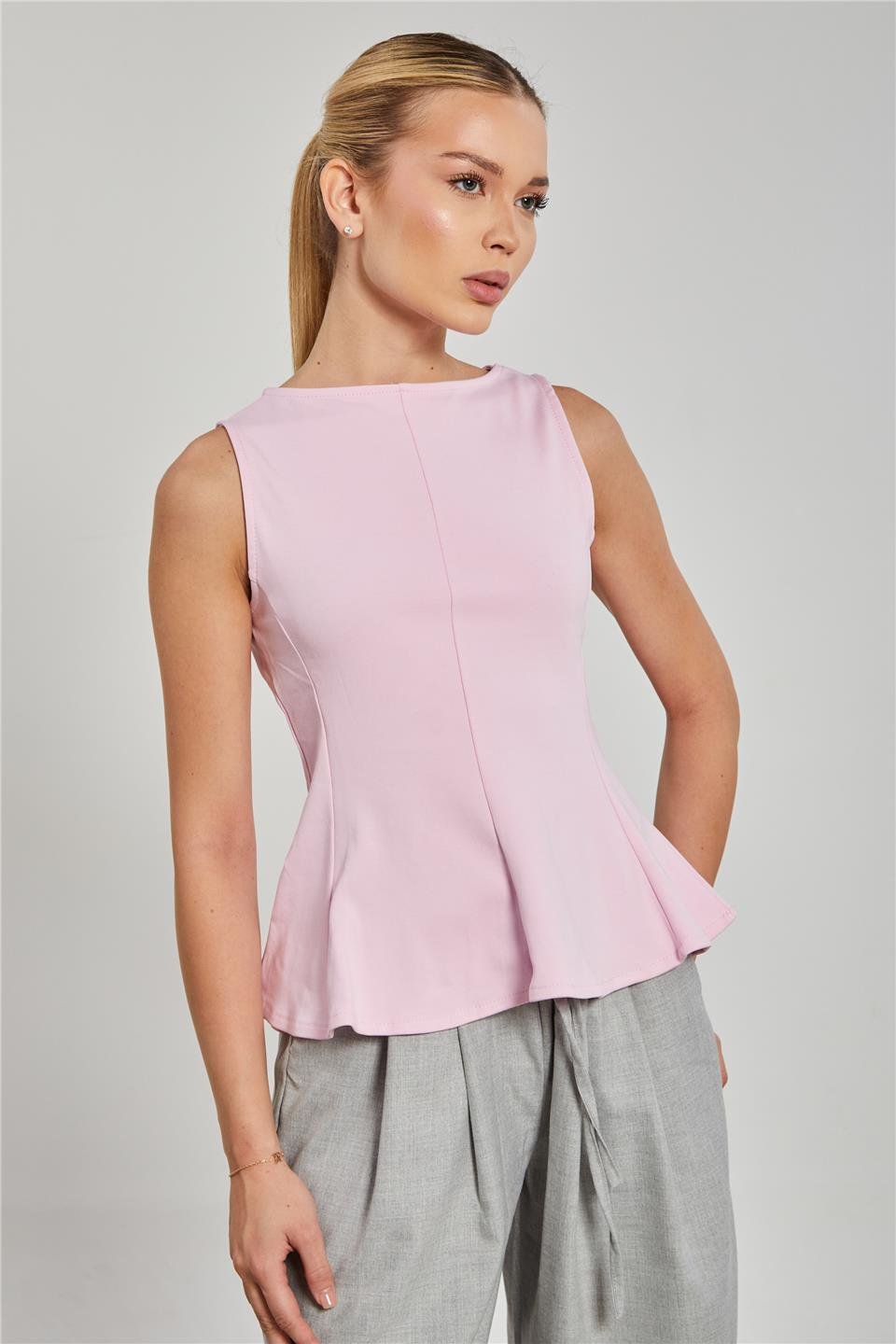 Kayık yaka kolsuz body-10798 Pembe
