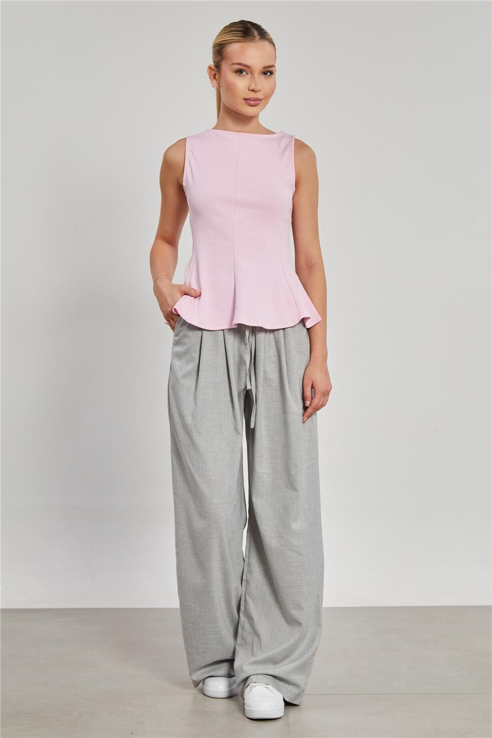 Kayık yaka kolsuz body-10798 Pembe