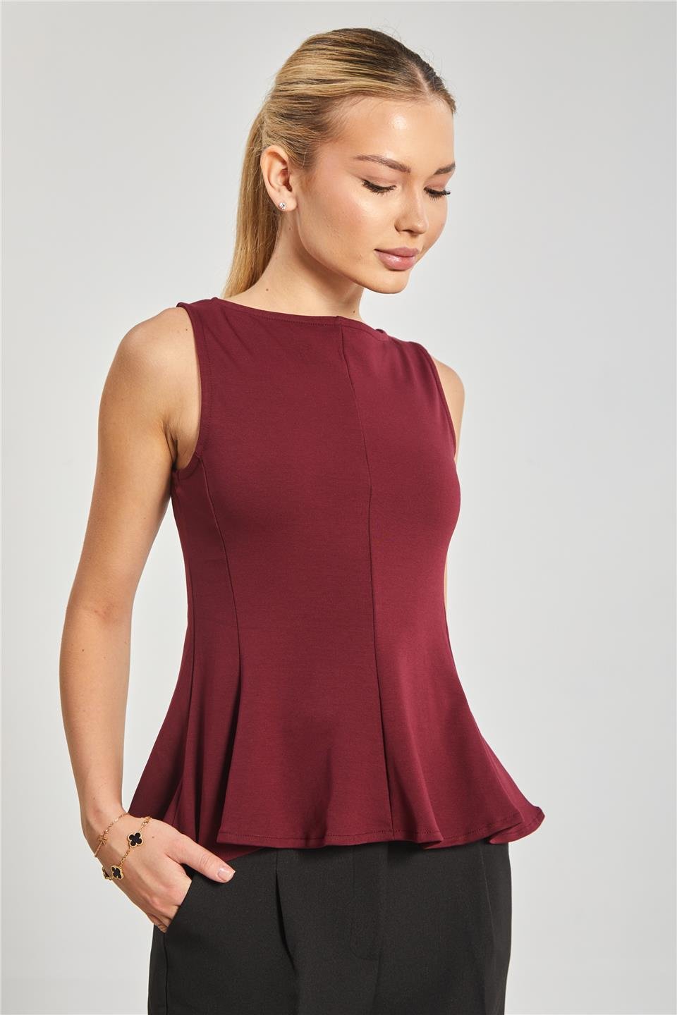 Kayık yaka kolsuz body-10798 Vişne