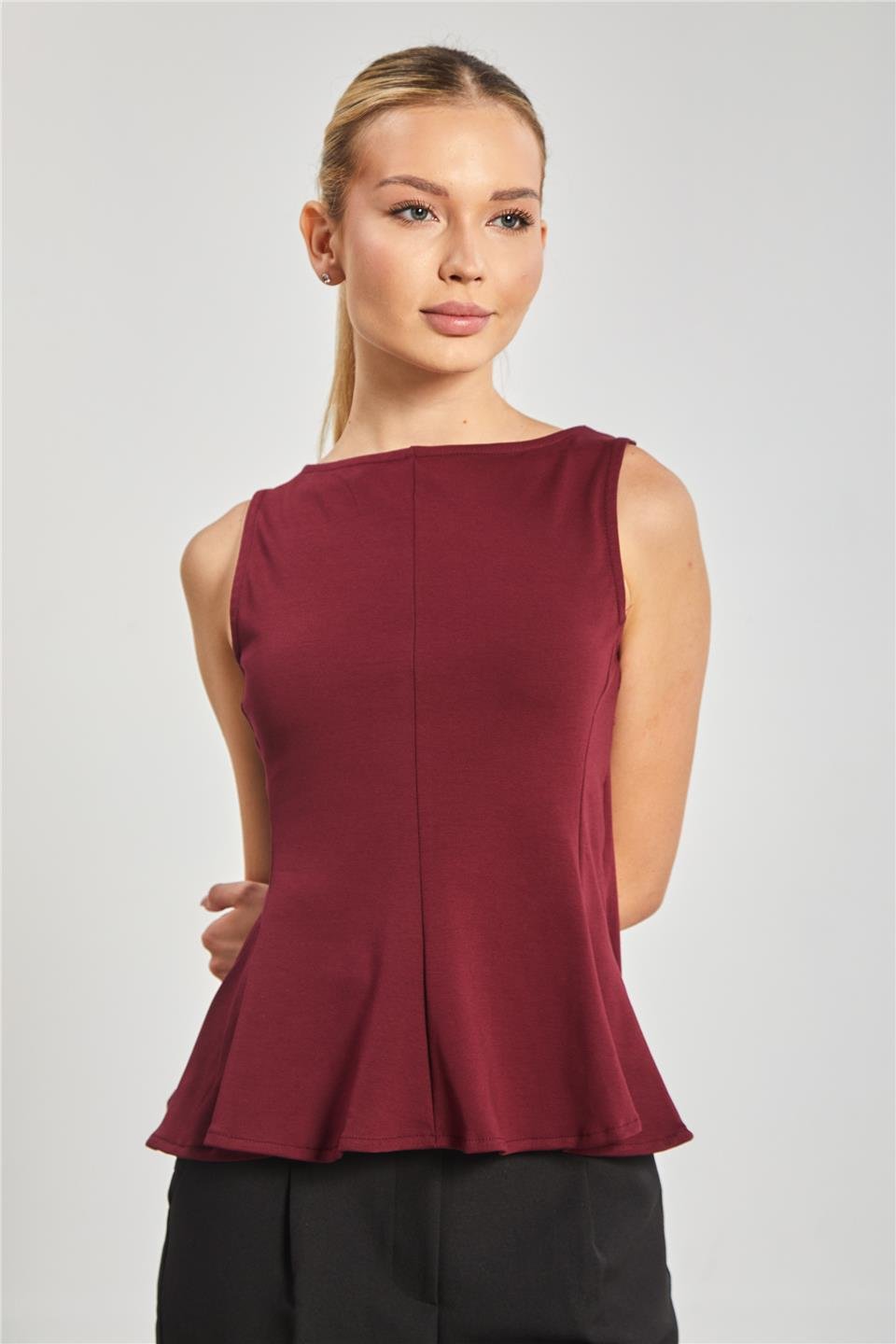 Kayık yaka kolsuz body-10798 Vişne