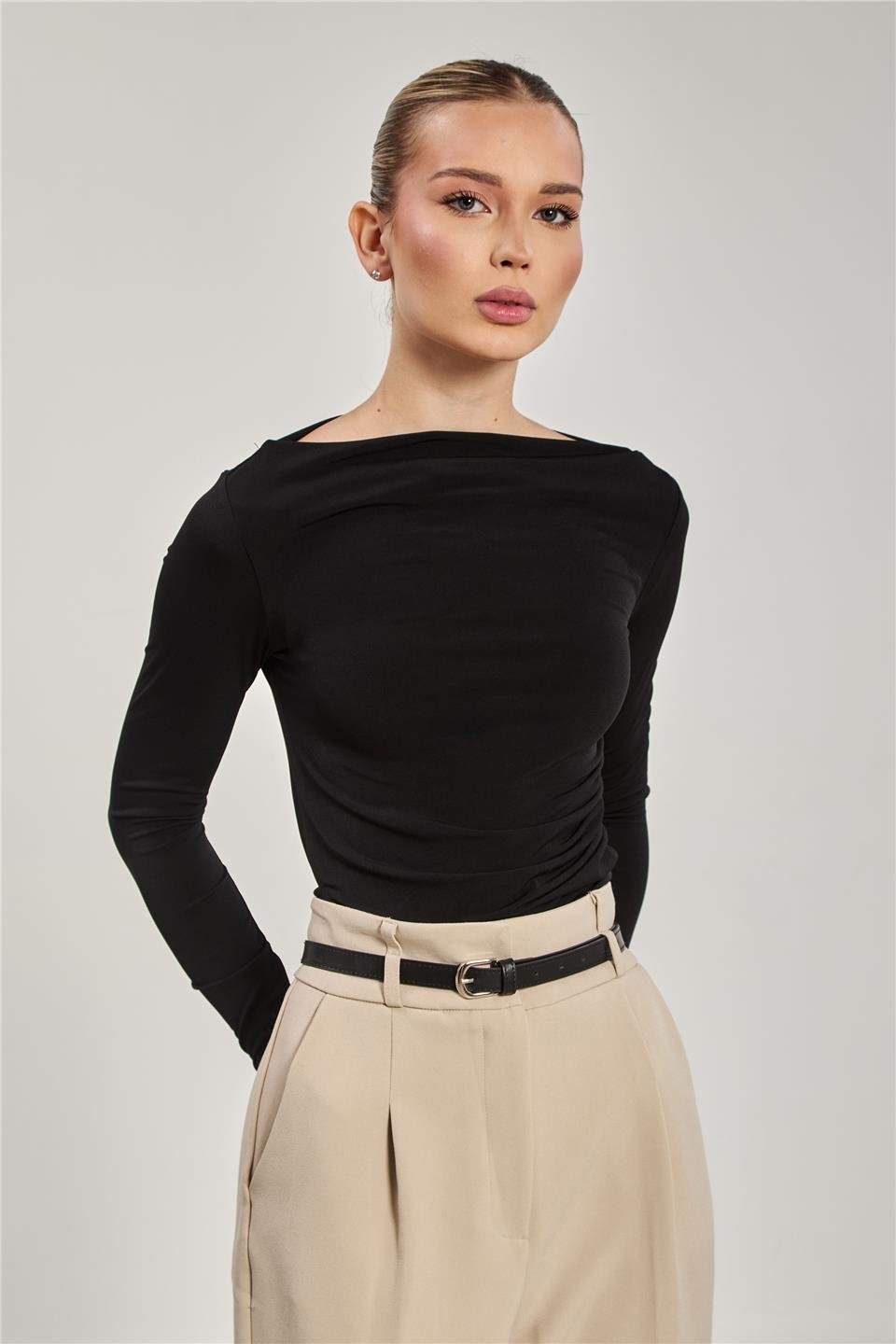 Kayık yaka uzun kollu body-10128 Siyah