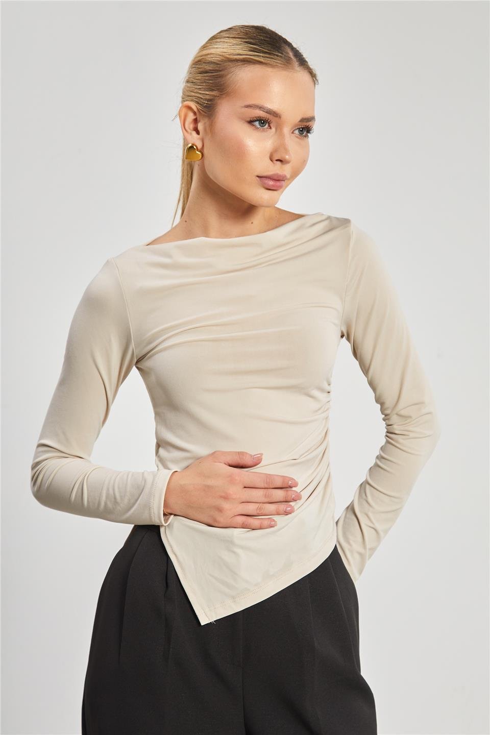 Kayık yaka uzun kollu body-10128 Taş