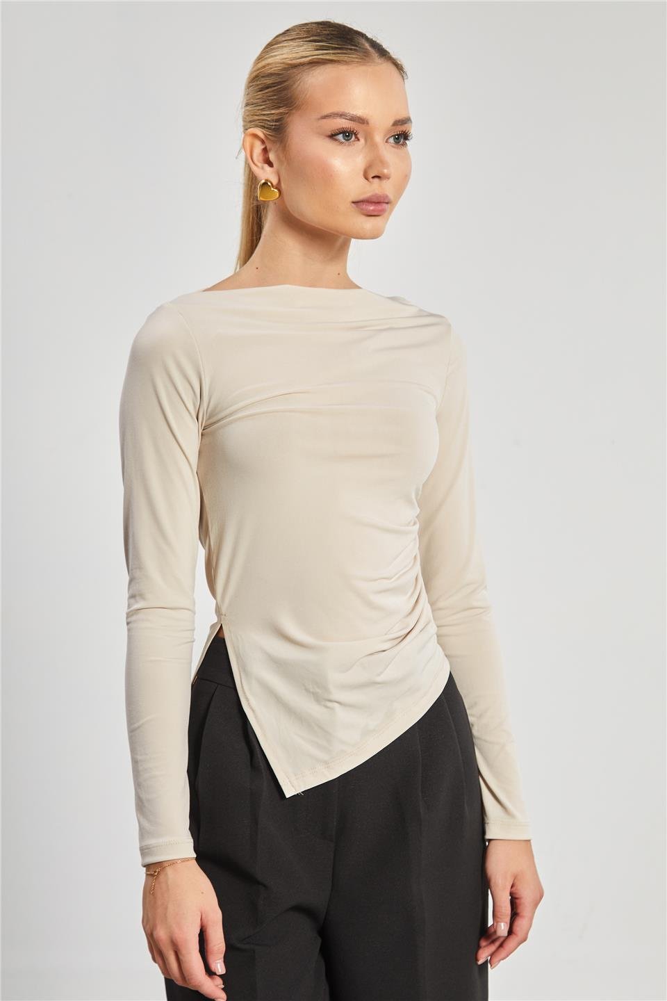 Kayık yaka uzun kollu body-10128 Taş