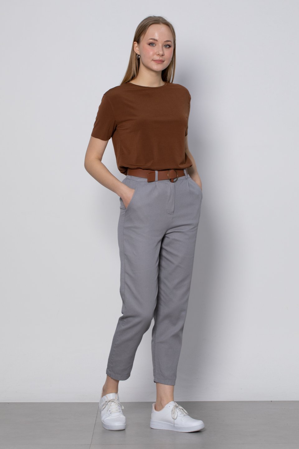 Kemerli havuç pantolon-5925 Gri