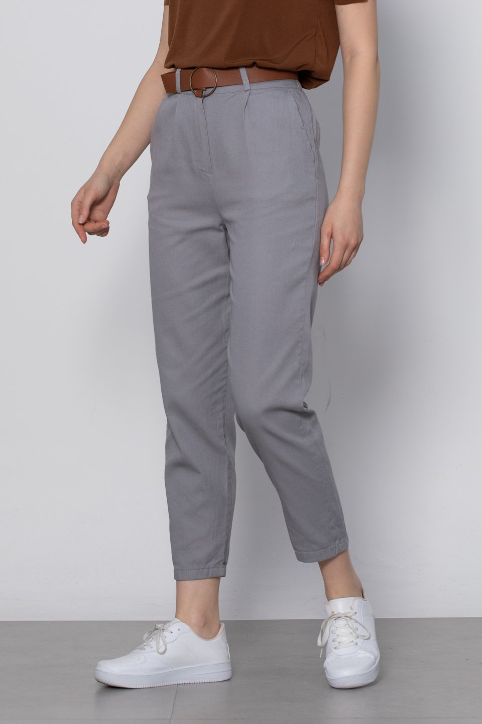 Kemerli havuç pantolon-5925 Gri