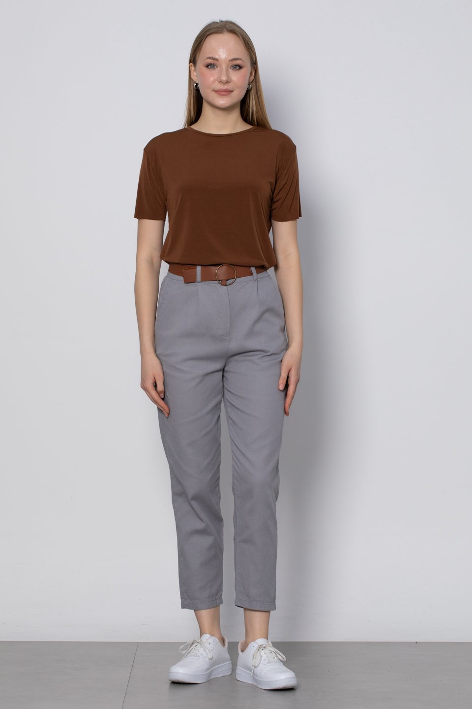 Kemerli havuç pantolon-5925 Gri