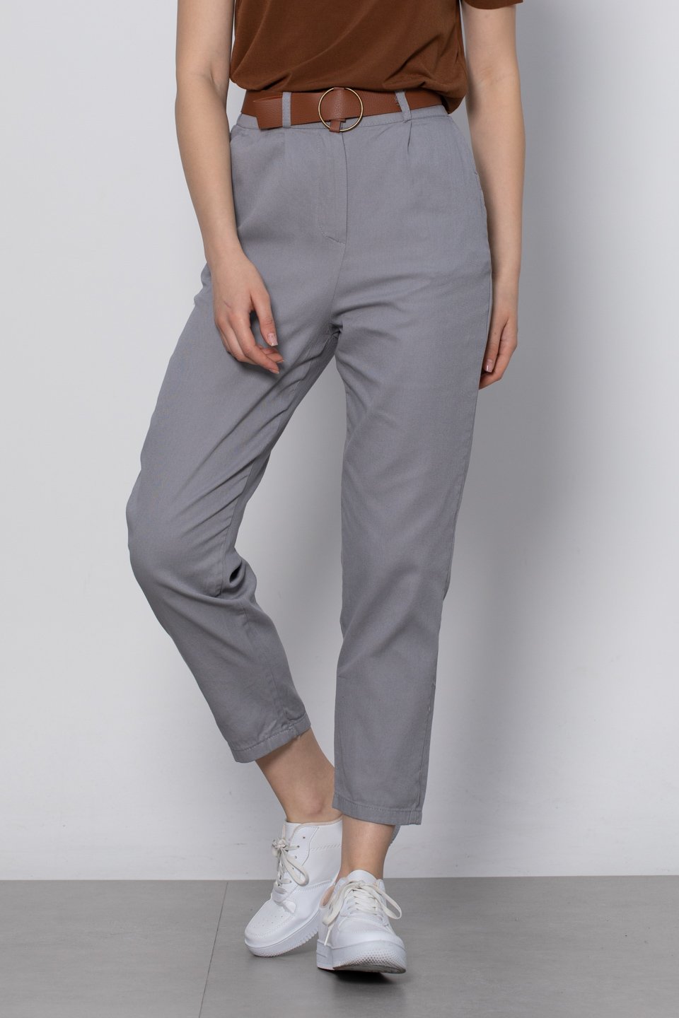 Kemerli havuç pantolon-5925 Gri