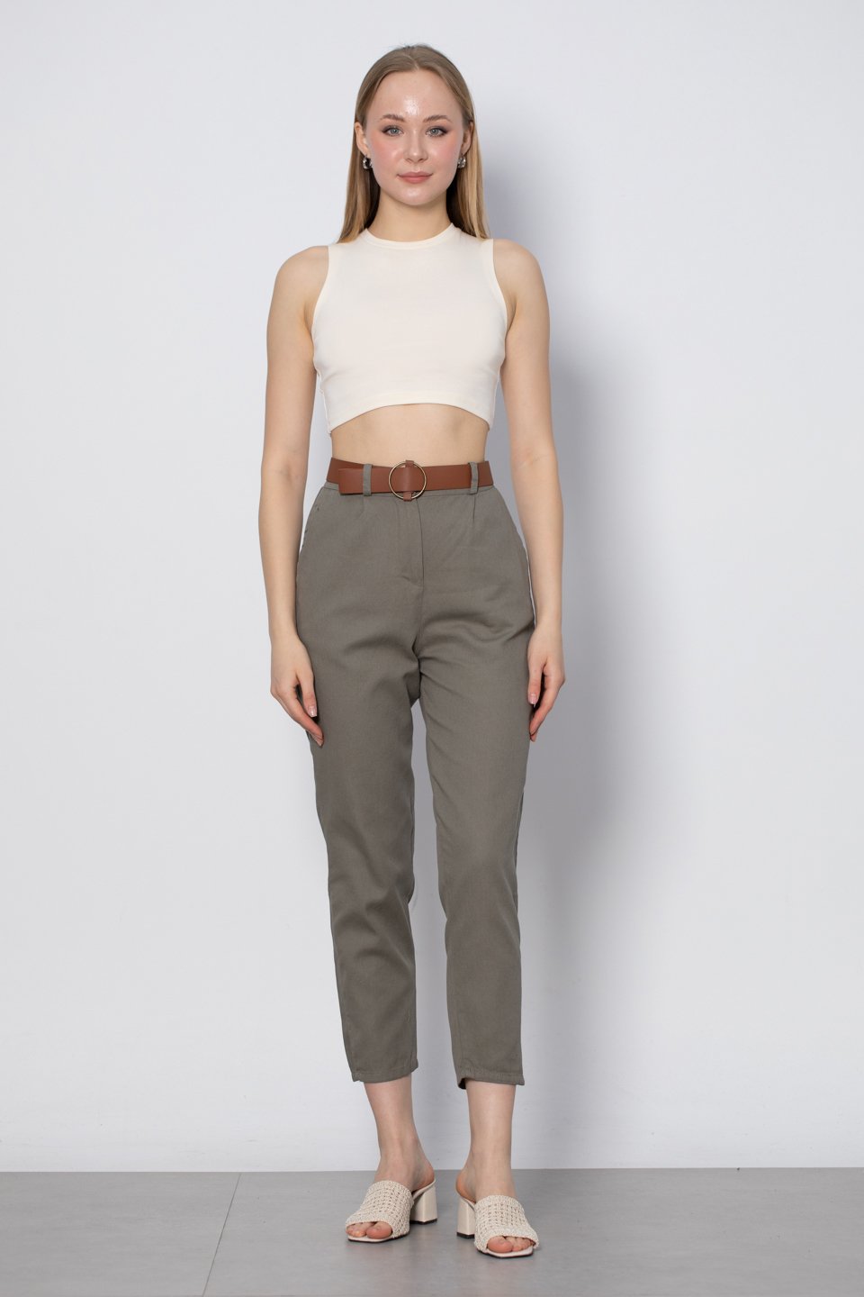 Kemerli havuç pantolon-5925 Haki