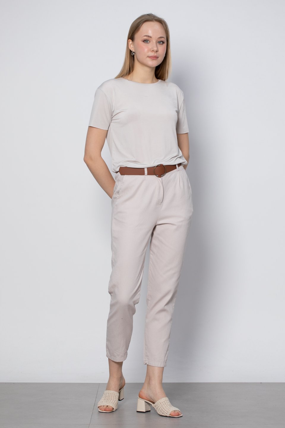 Kemerli havuç pantolon-5925 Taş