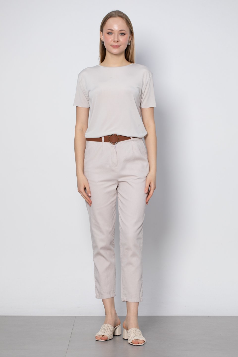 Kemerli havuç pantolon-5925 Taş