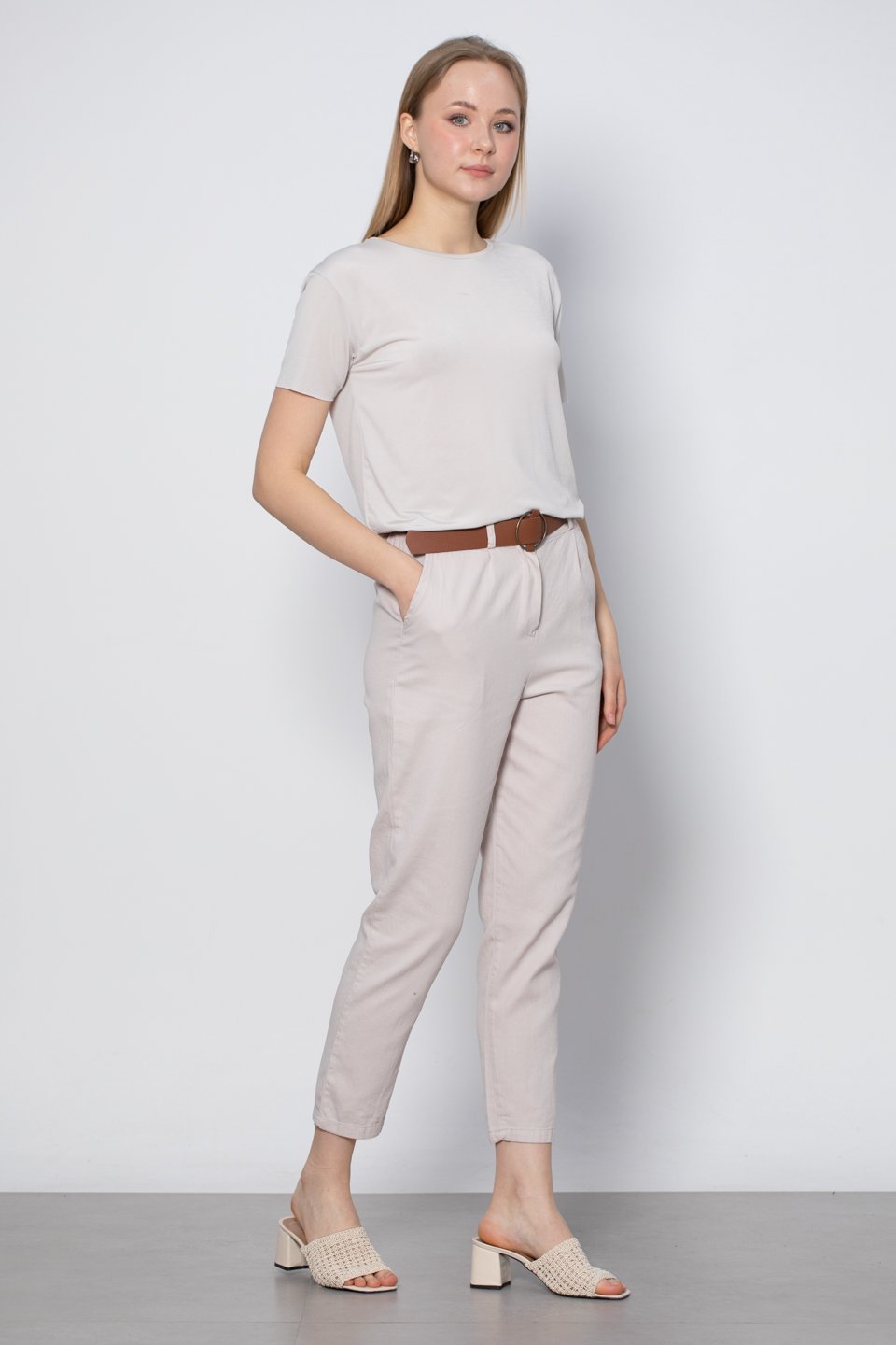 Kemerli havuç pantolon-5925 Taş