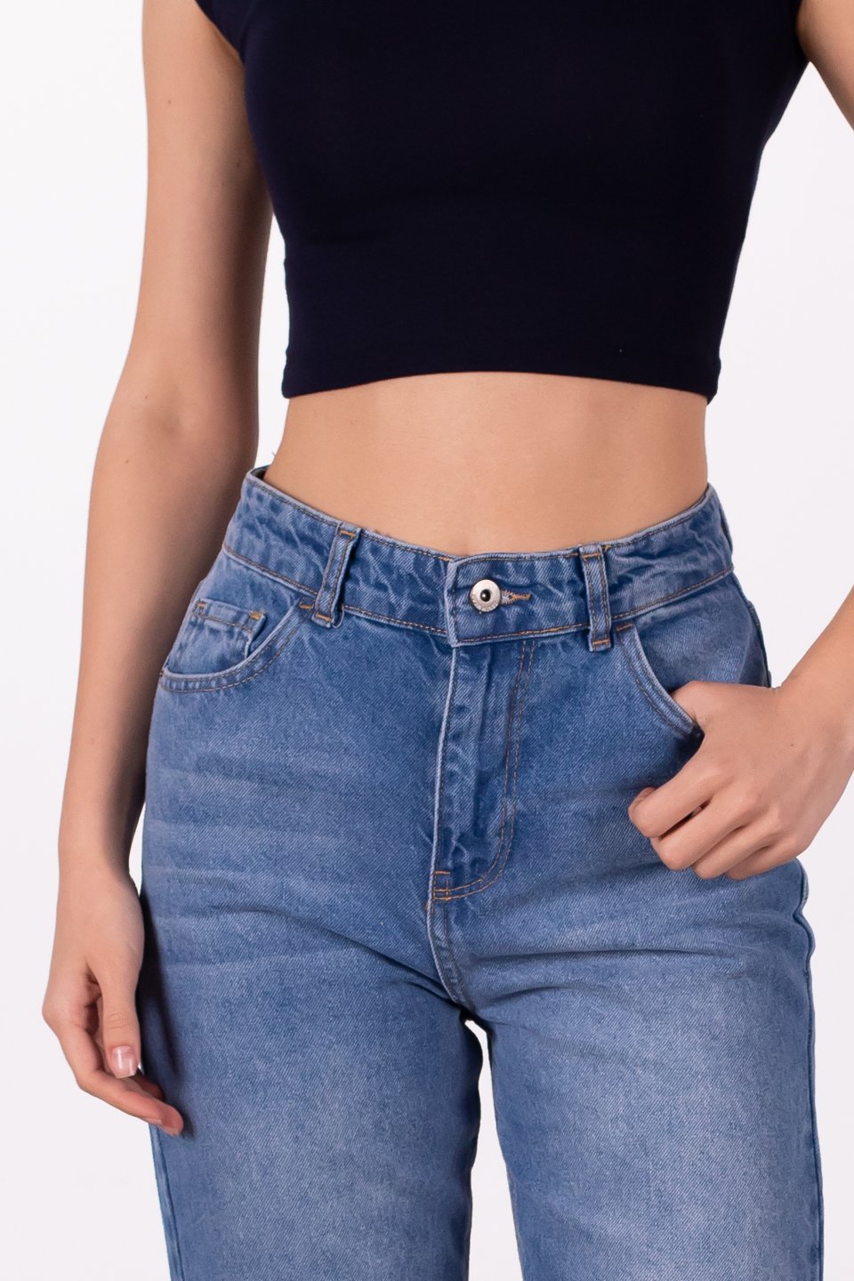 Kesik paça straight jean pantolon-2321 Orta Mavi