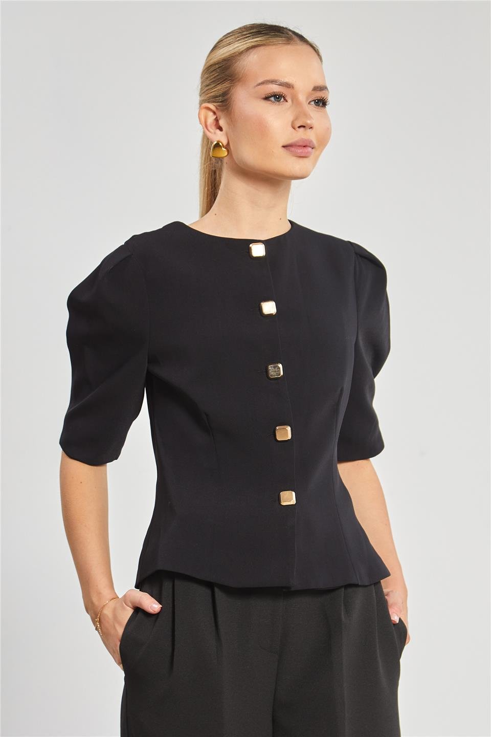 Kısa kol düğme detay ceket-7568 Siyah