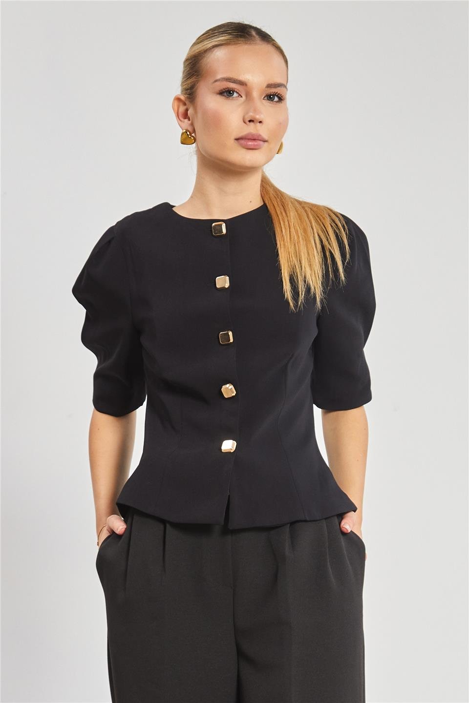 Kısa kol düğme detay ceket-7568 Siyah