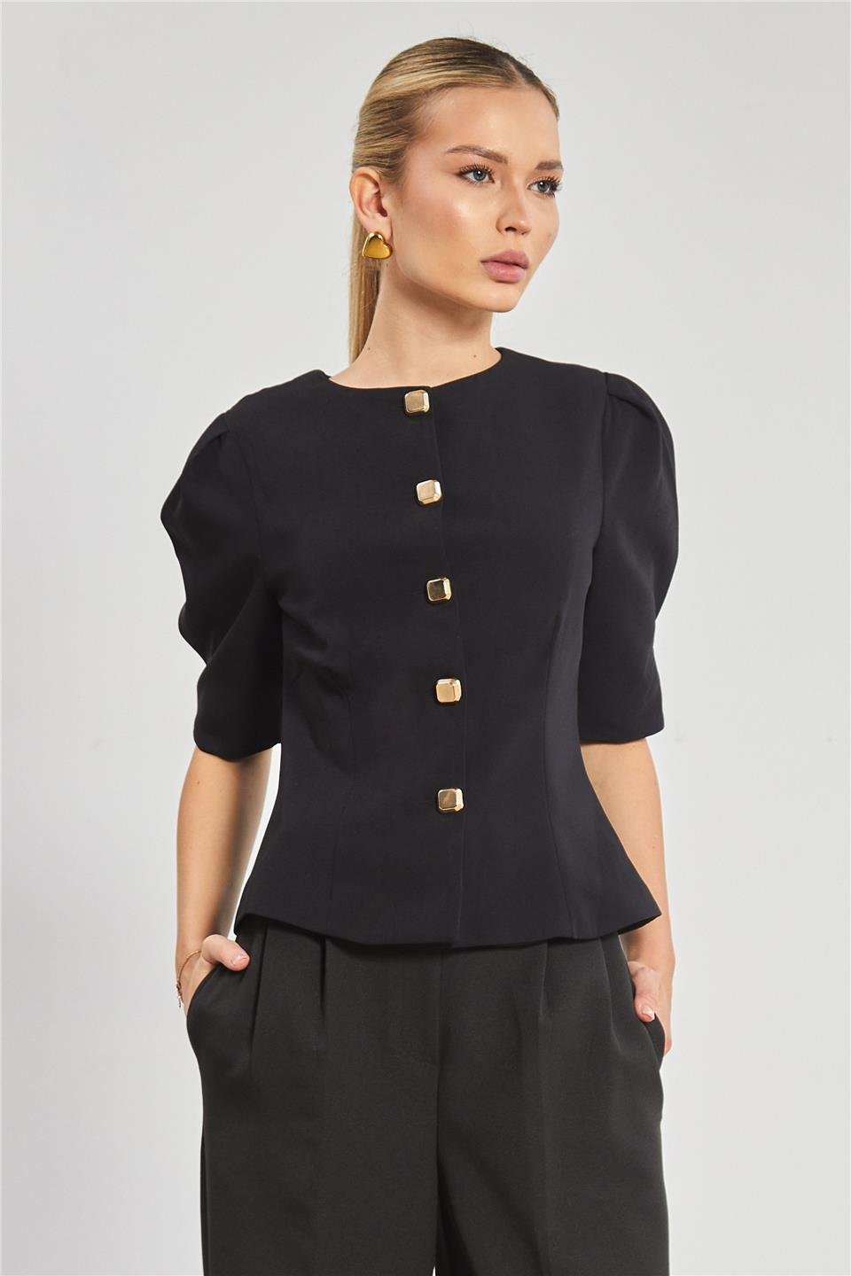 Kısa kol düğme detay ceket-7568 Siyah