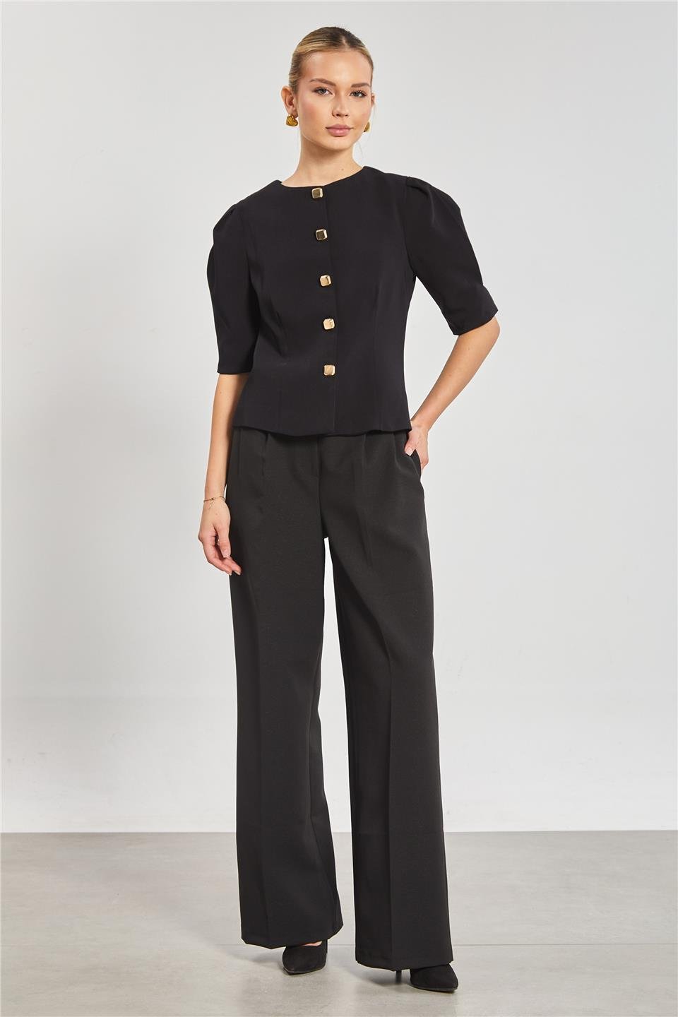 Kısa kol düğme detay ceket-7568 Siyah