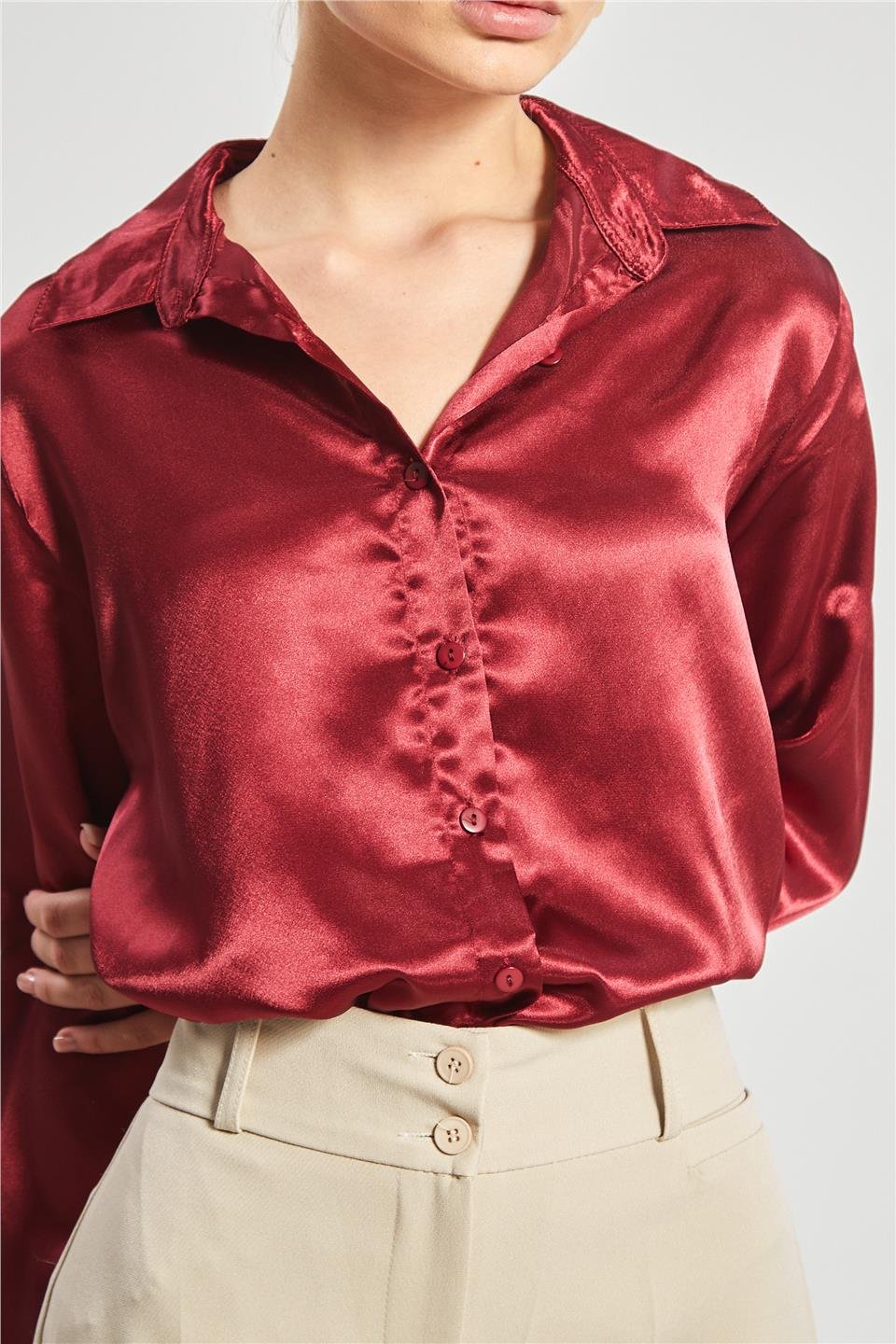 Klasik saten gömlek-3964 Bordo