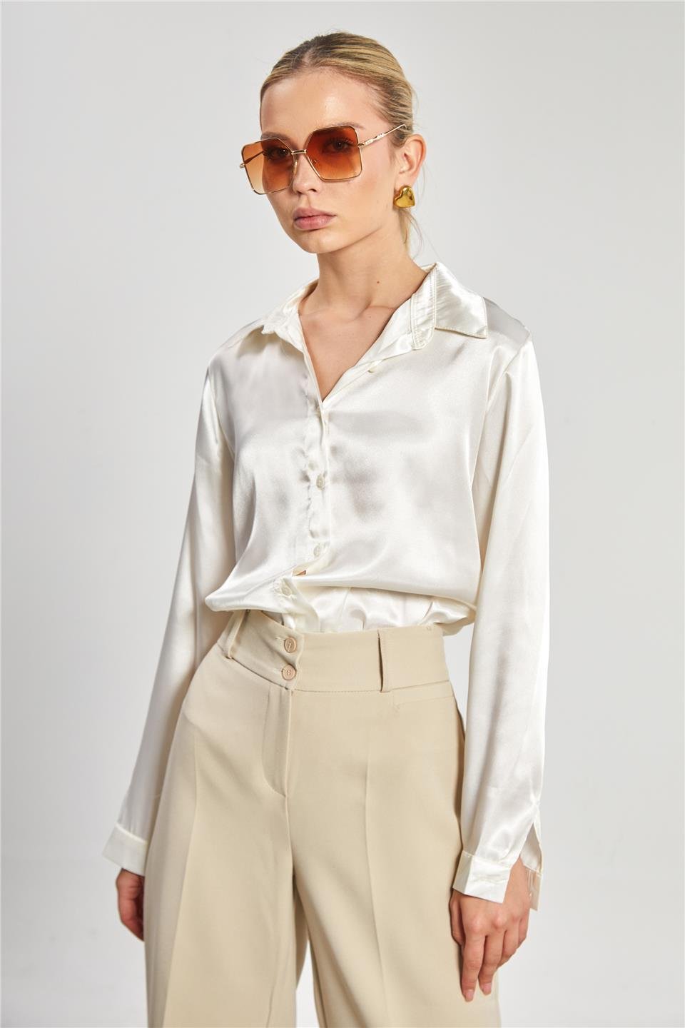 Klasik saten gömlek-3964 Ekru