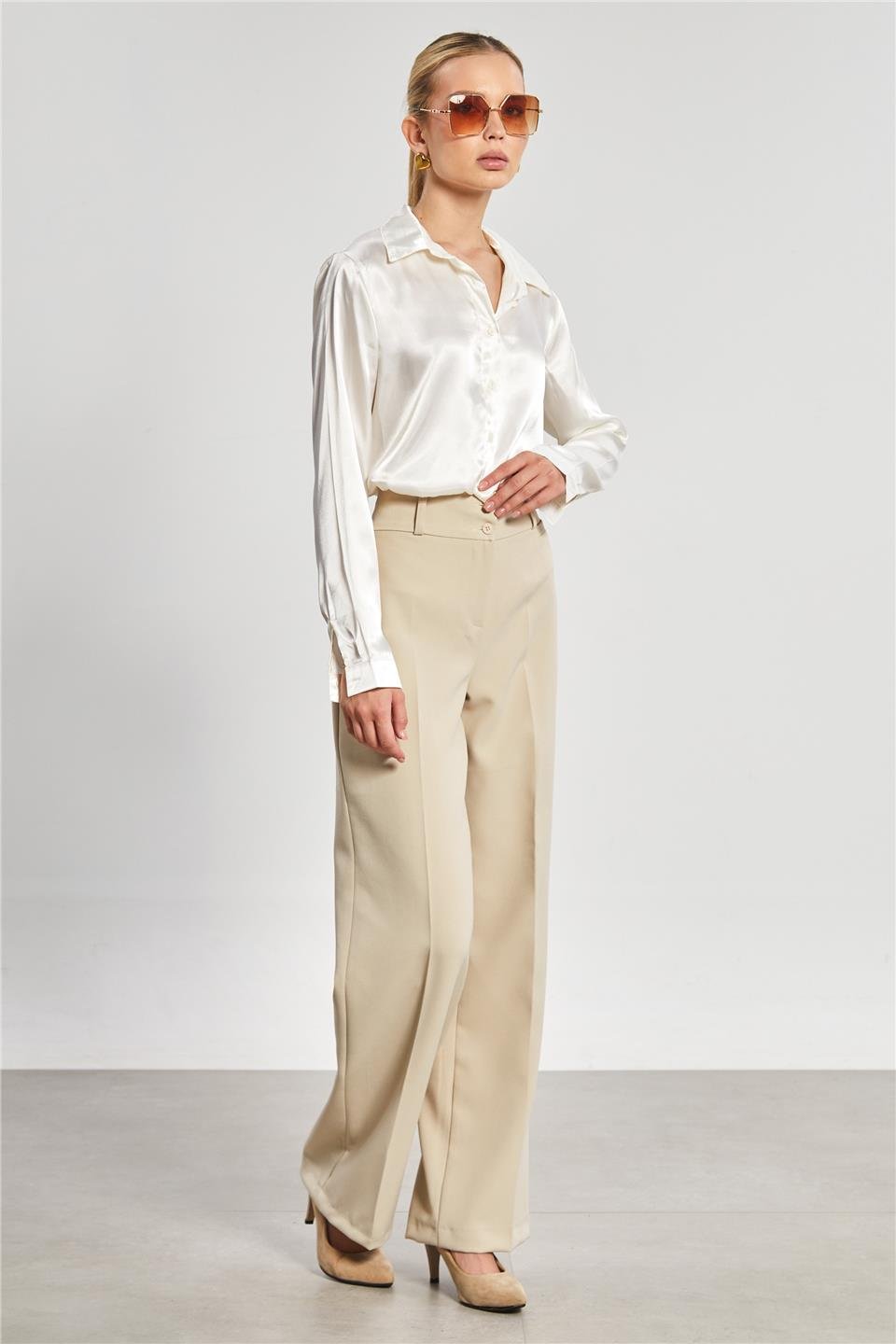 Klasik saten gömlek-3964 Ekru