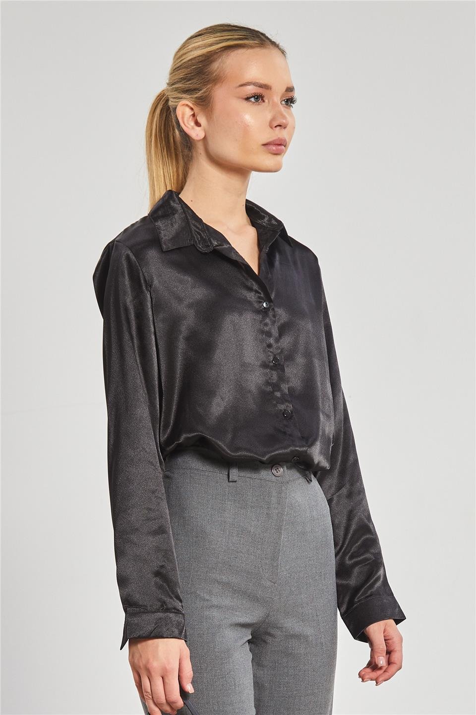 Klasik saten gömlek-3964 Siyah