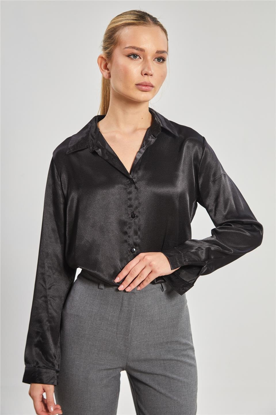 Klasik saten gömlek-3964 Siyah