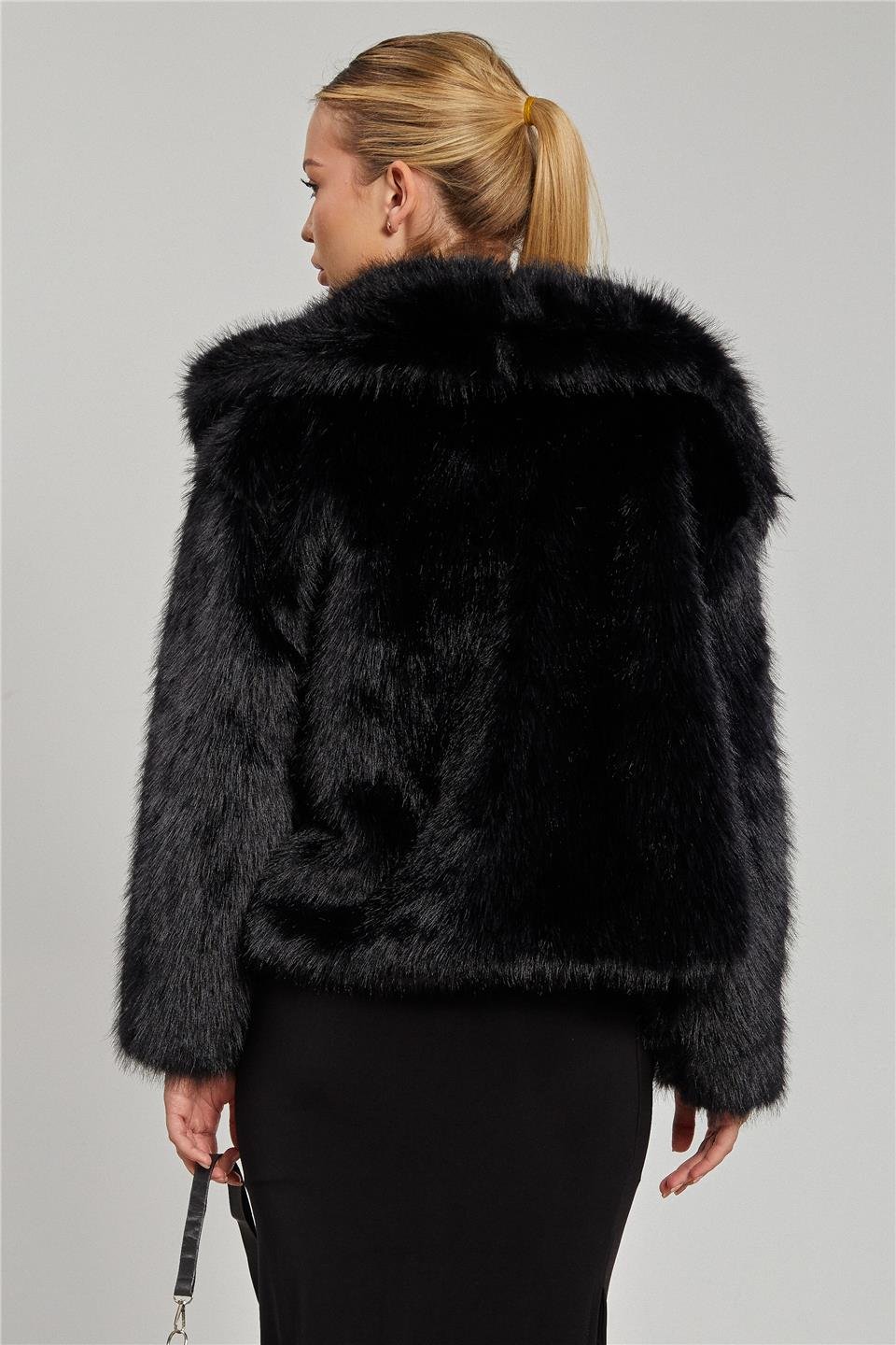 Kruvaze yaka peluş mont-23-273 Siyah