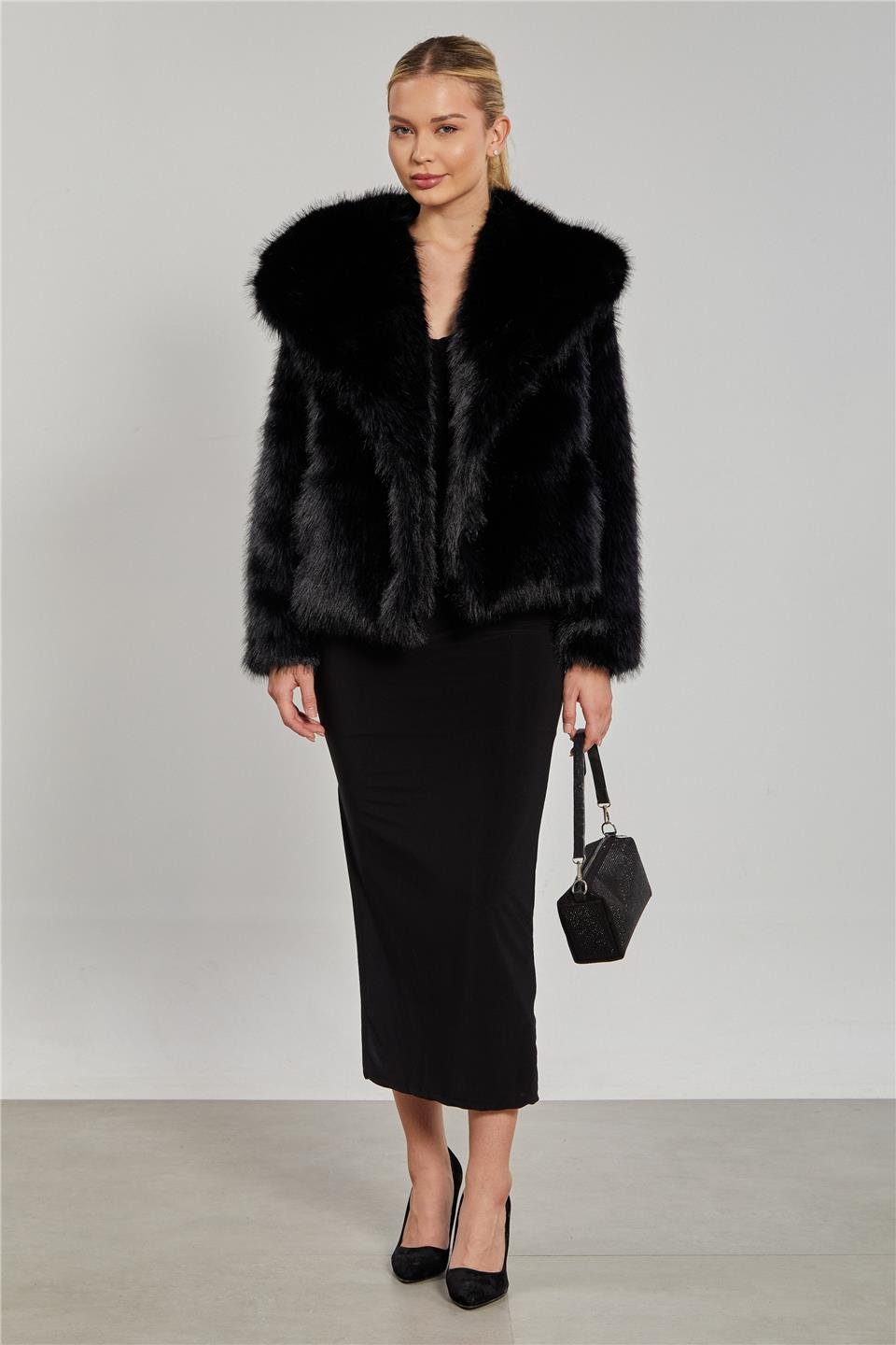 Kruvaze yaka peluş mont-23-273 Siyah