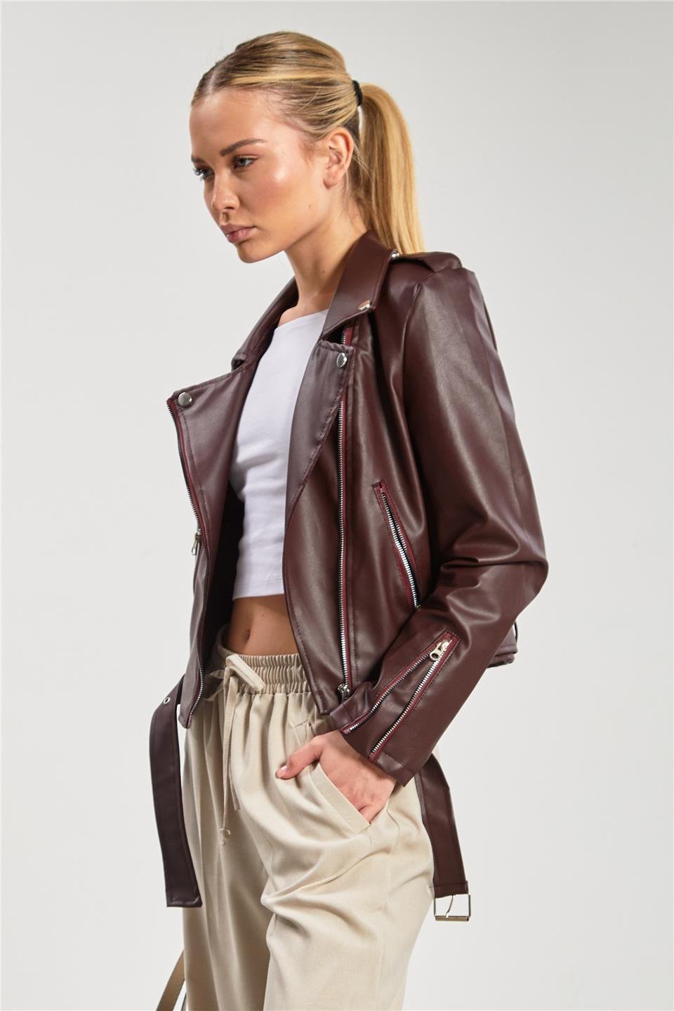 Kruvaze yaka suni deri mont-2061 Bordo