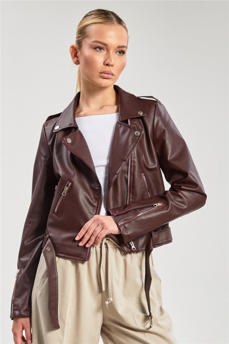 Kruvaze yaka suni deri mont-2061 Bordo