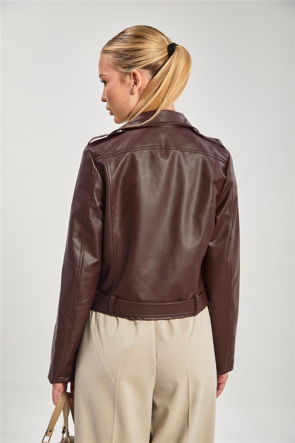 Kruvaze yaka suni deri mont-2061 Bordo