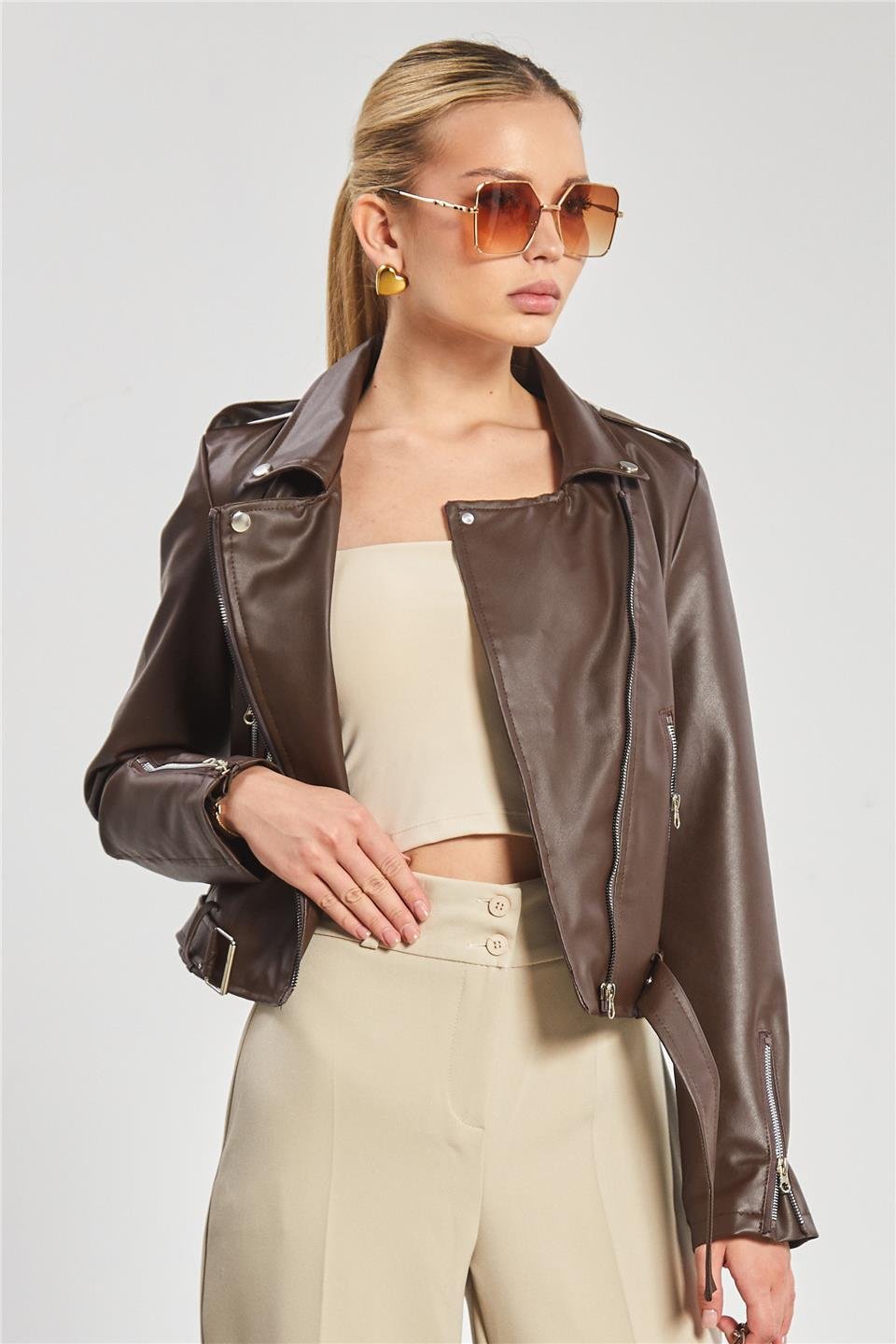 Kruvaze yaka suni deri mont-2061 Kahve