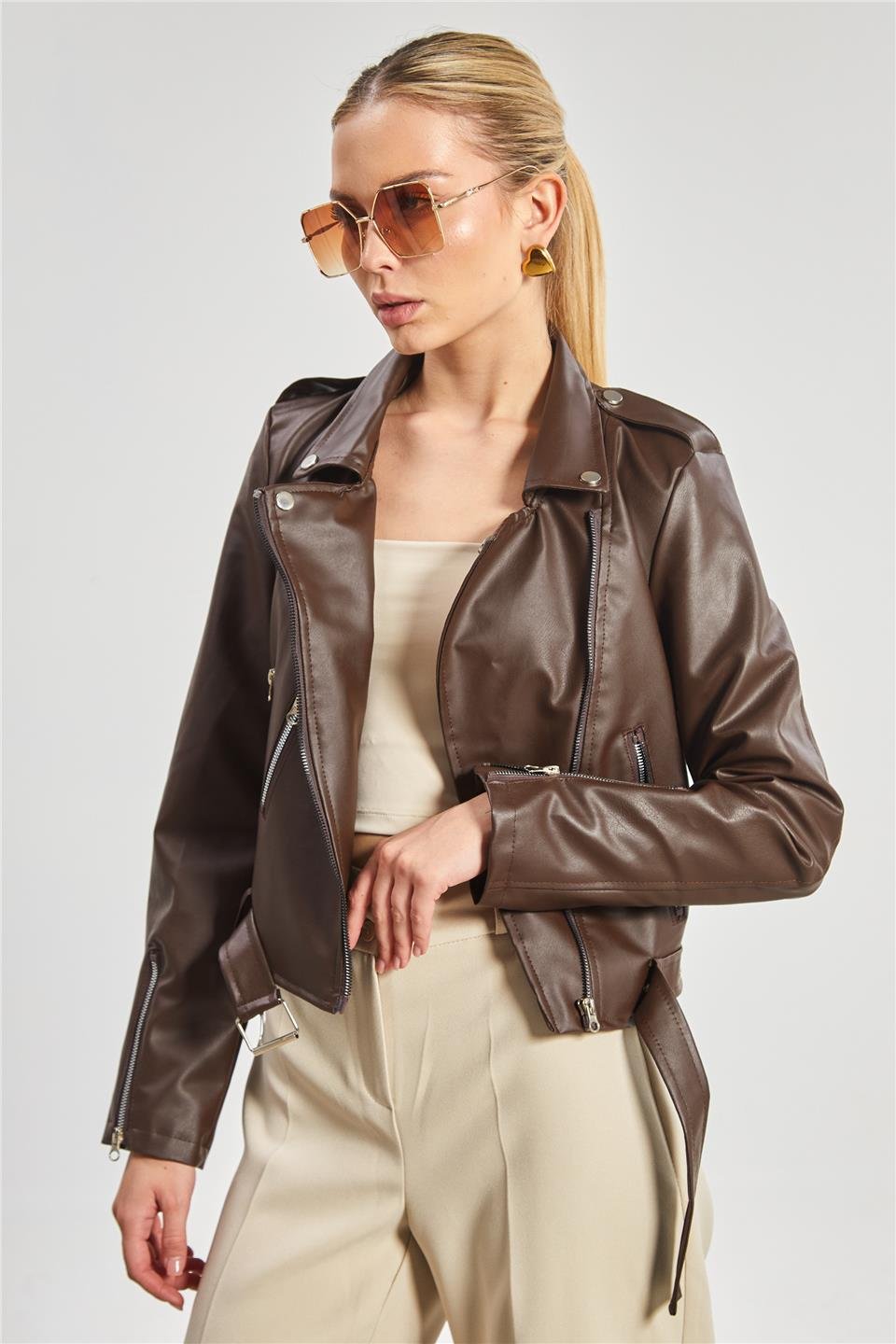 Kruvaze yaka suni deri mont-2061 Kahve