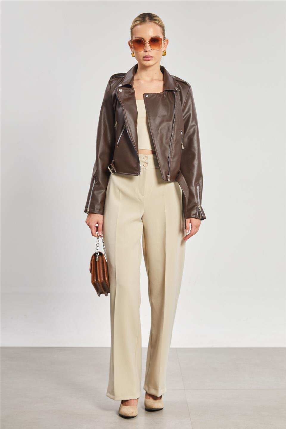 Kruvaze yaka suni deri mont-2061 Kahve