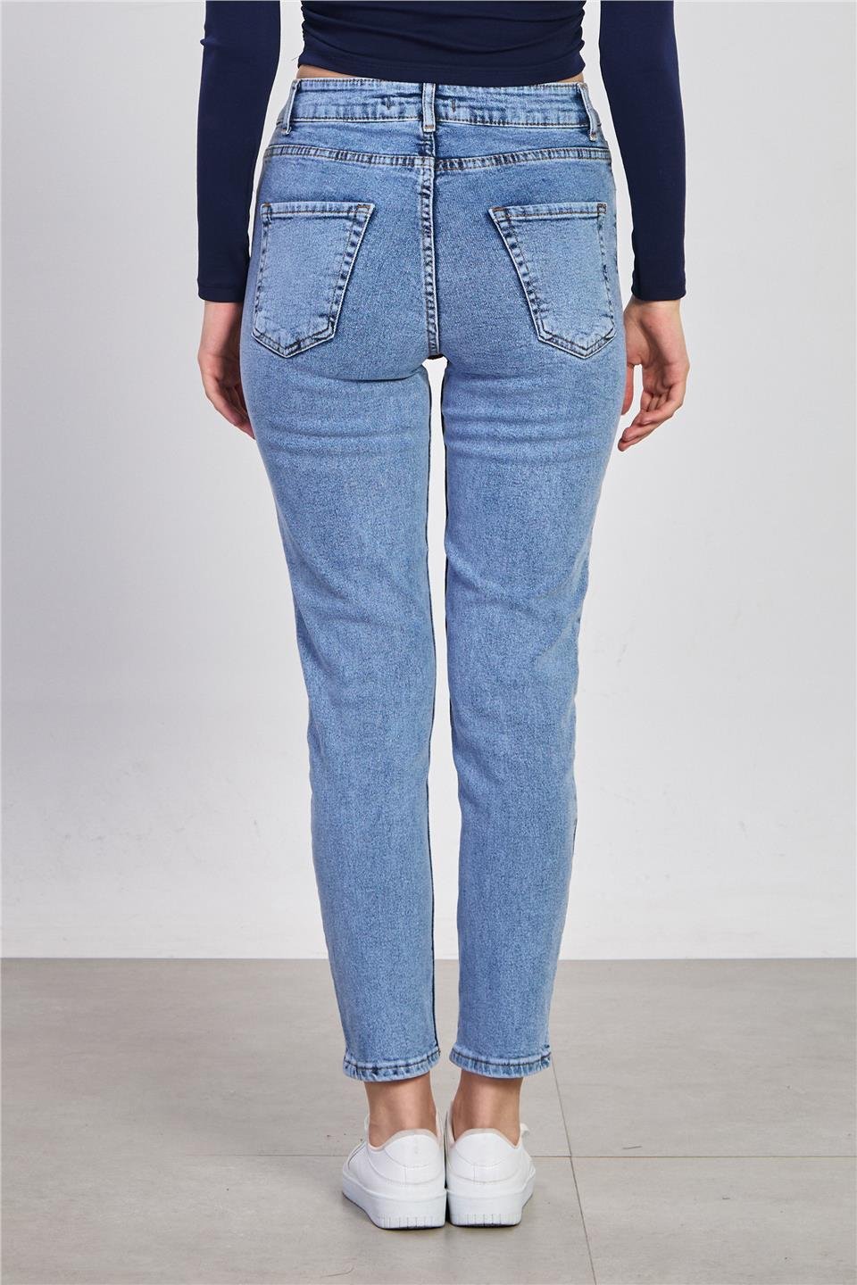 Likralı mom jean pantolon-7021 Mavi Kar