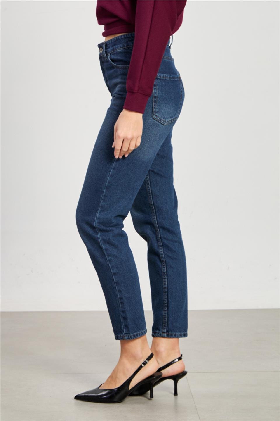 Mom jean pantolon-7022 Taşlanmış Mavi