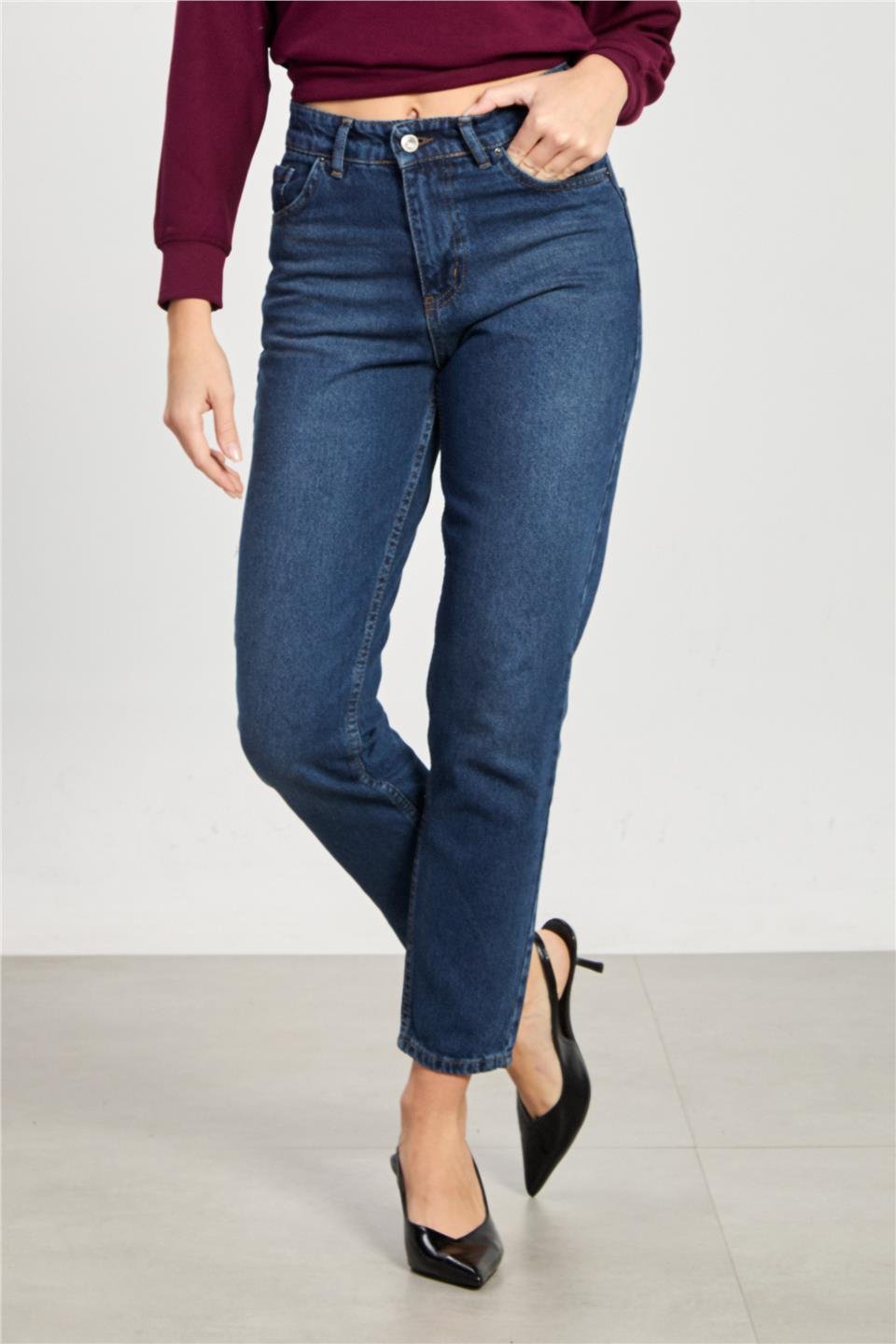 Mom jean pantolon-7022 Taşlanmış Mavi