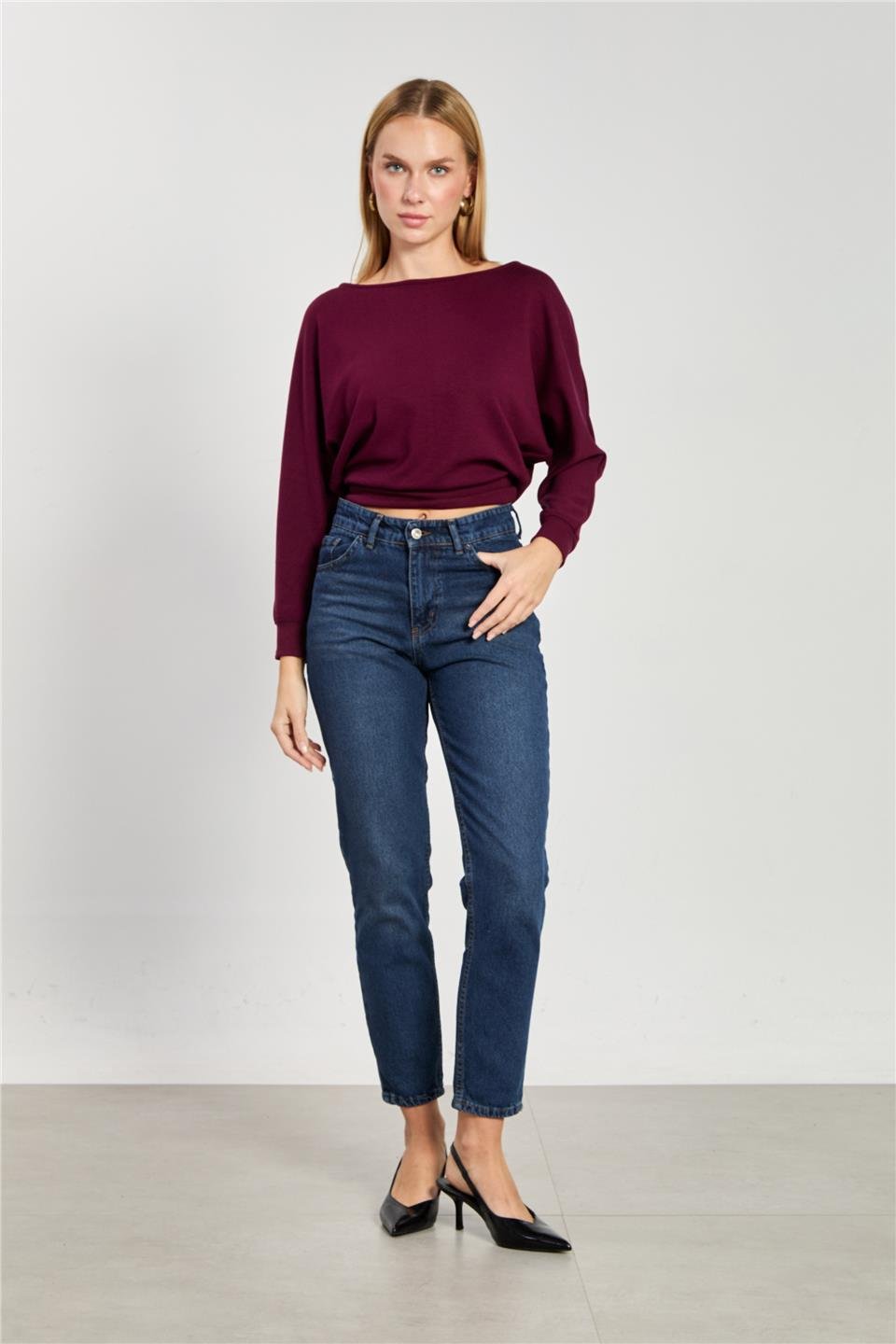 Mom jean pantolon-7022 Taşlanmış Mavi