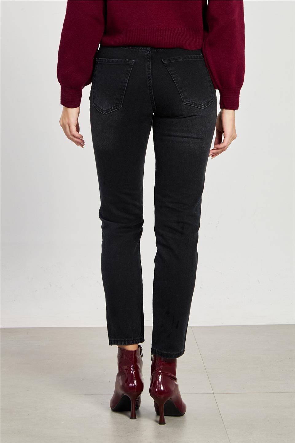 Mom jean pantolon-7022 Taşlanmış Siyah