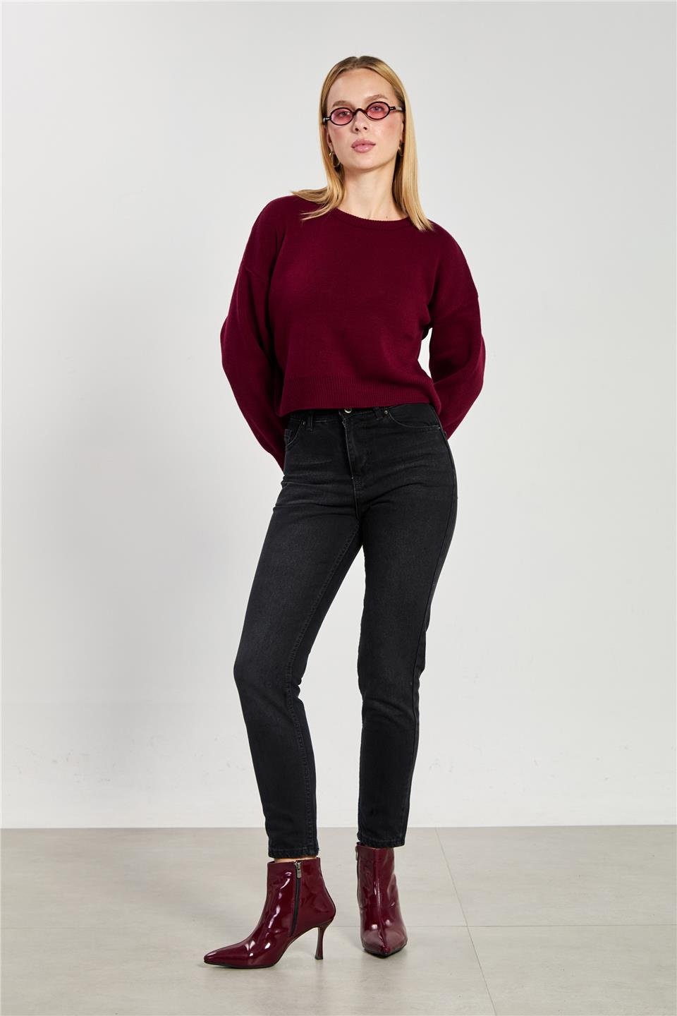 Mom jean pantolon-7022 Taşlanmış Siyah