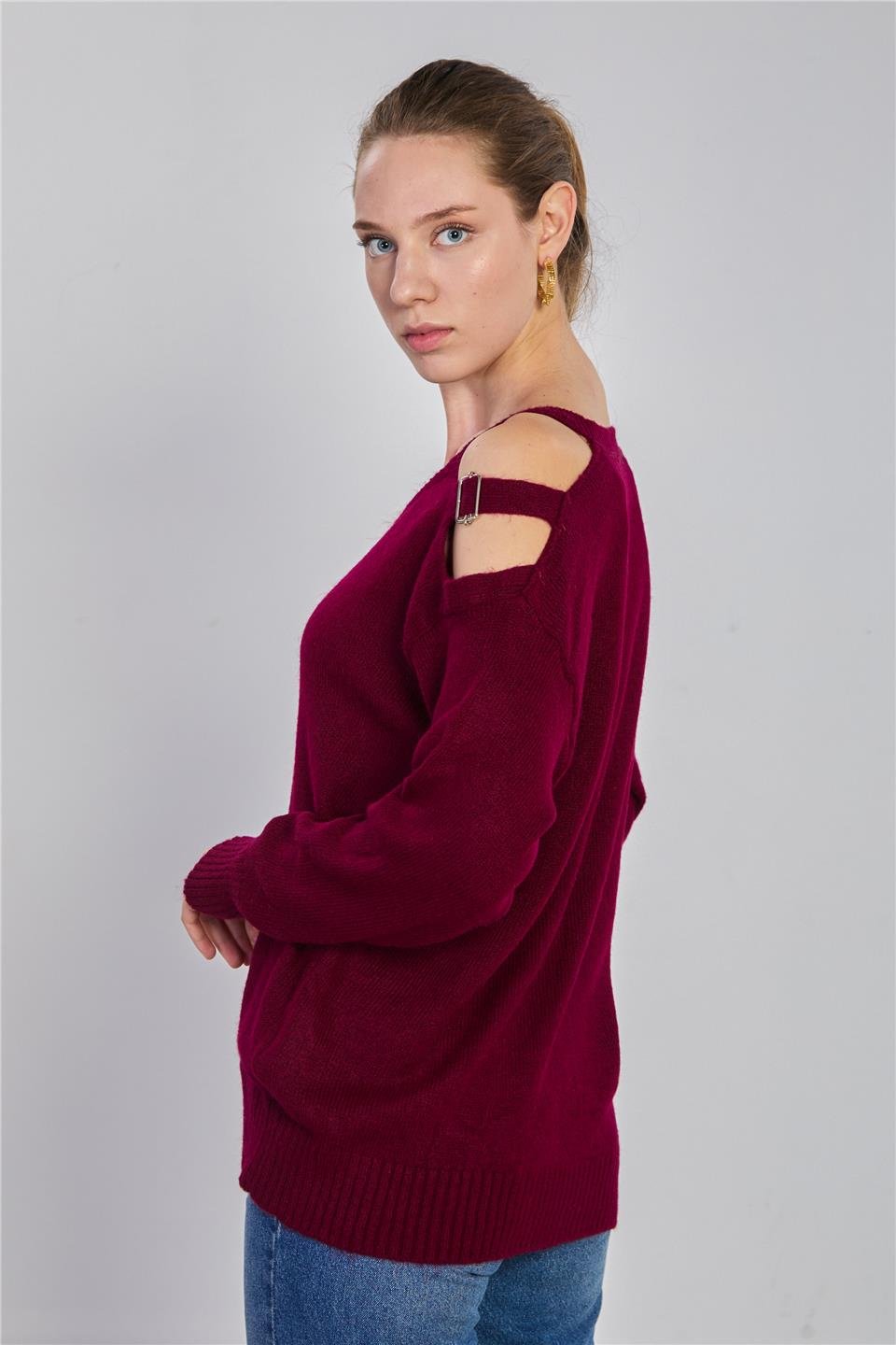 Omuz dekolteli triko kazak-4035 Bordo