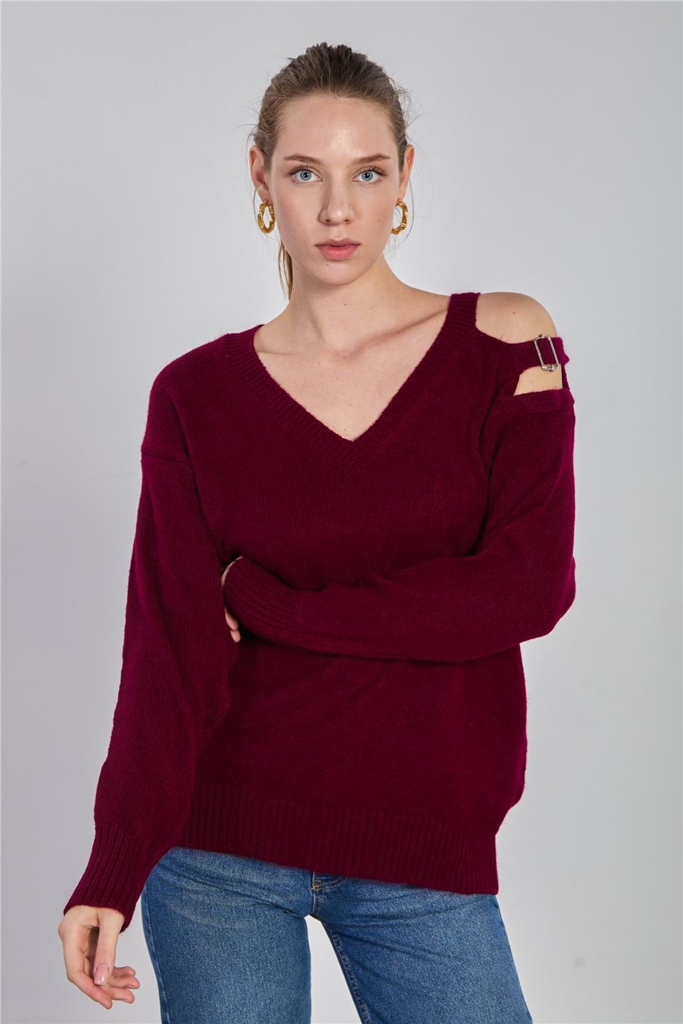 Omuz dekolteli triko kazak-4035 Bordo