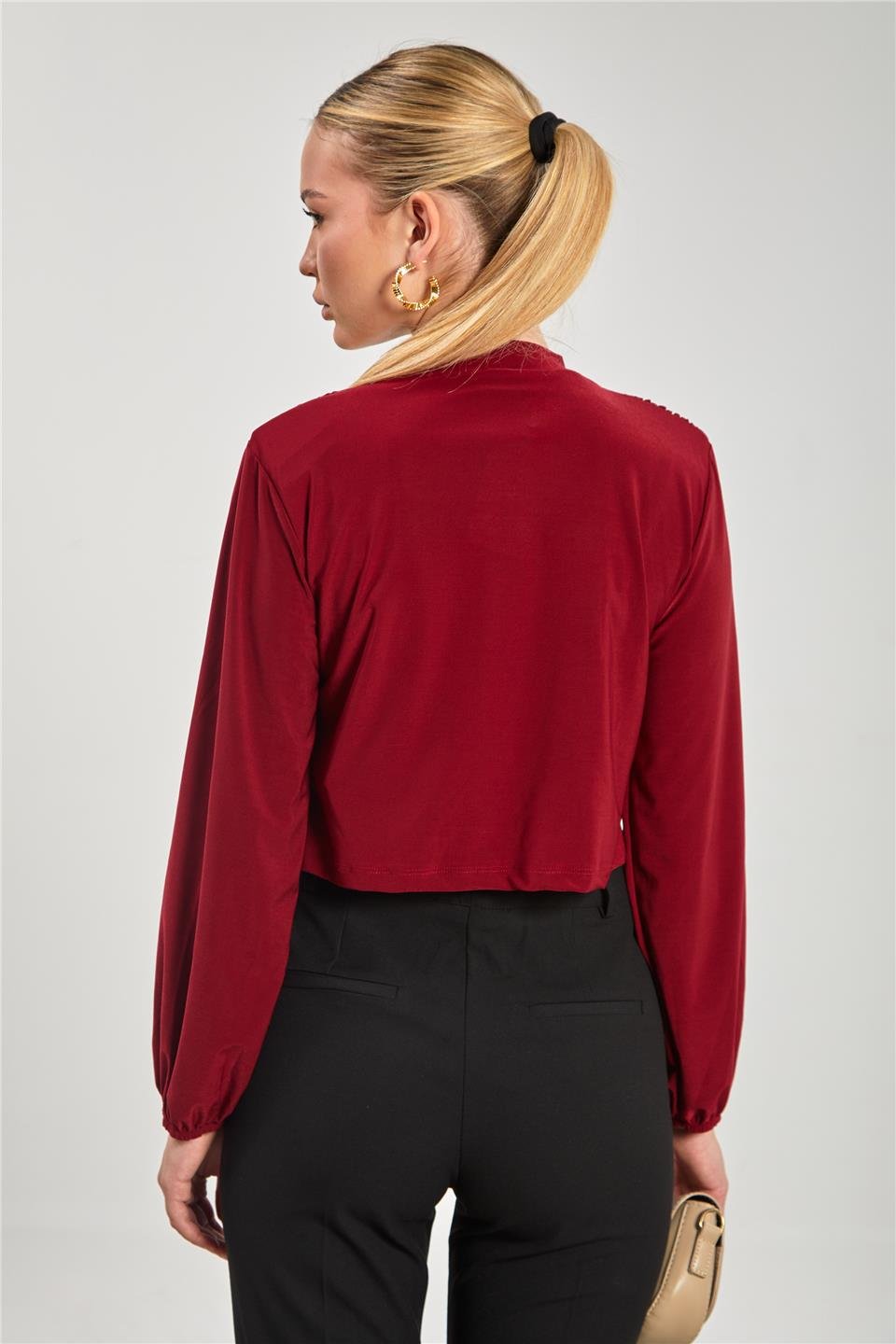 Omuz vatkalı degaje yaka bluz-13660 Bordo
