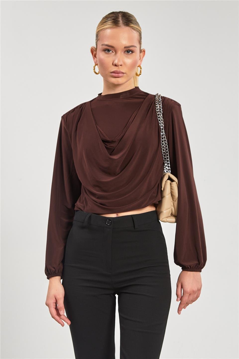Omuz vatkalı degaje yaka bluz-13660 Kahve