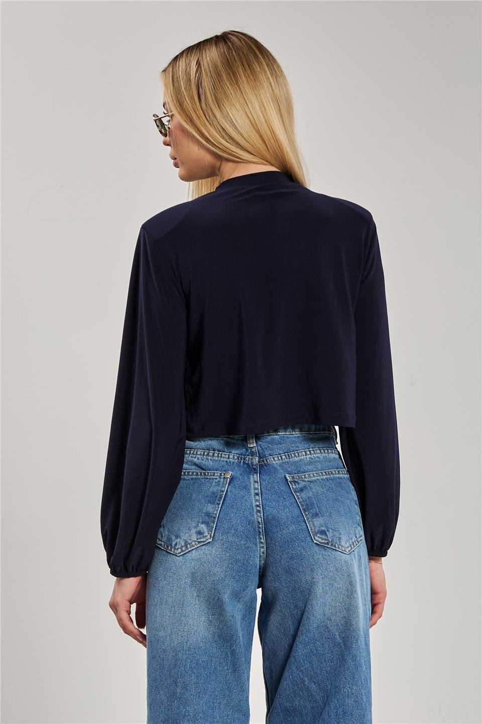 Omuz vatkalı degaje yaka bluz-13660 Lacivert
