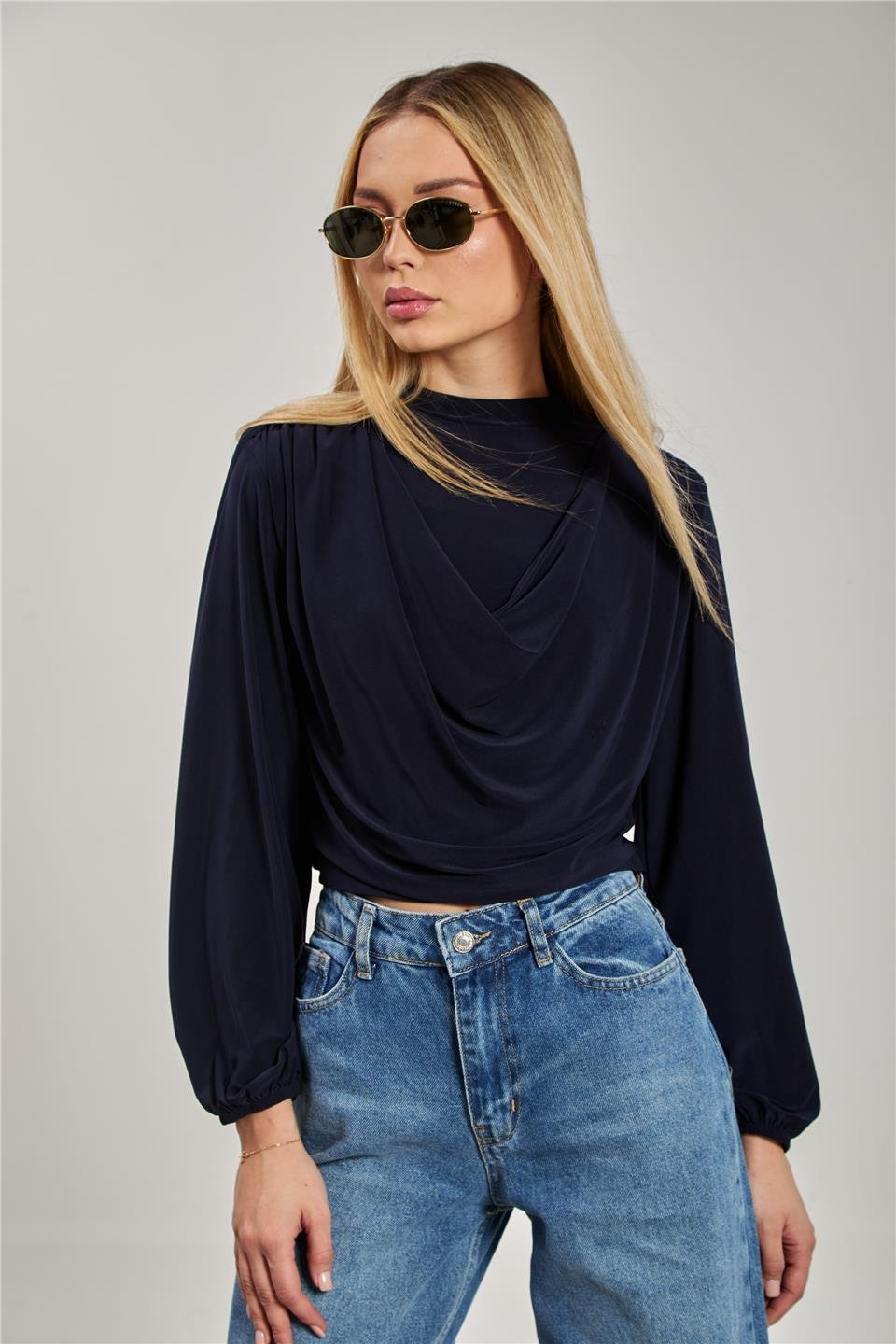 Omuz vatkalı degaje yaka bluz-13660 Lacivert