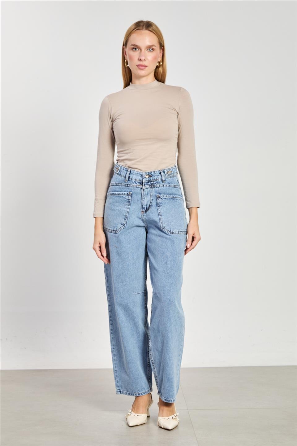 Ön cepli baggy jean pantolon-7019 Mavi